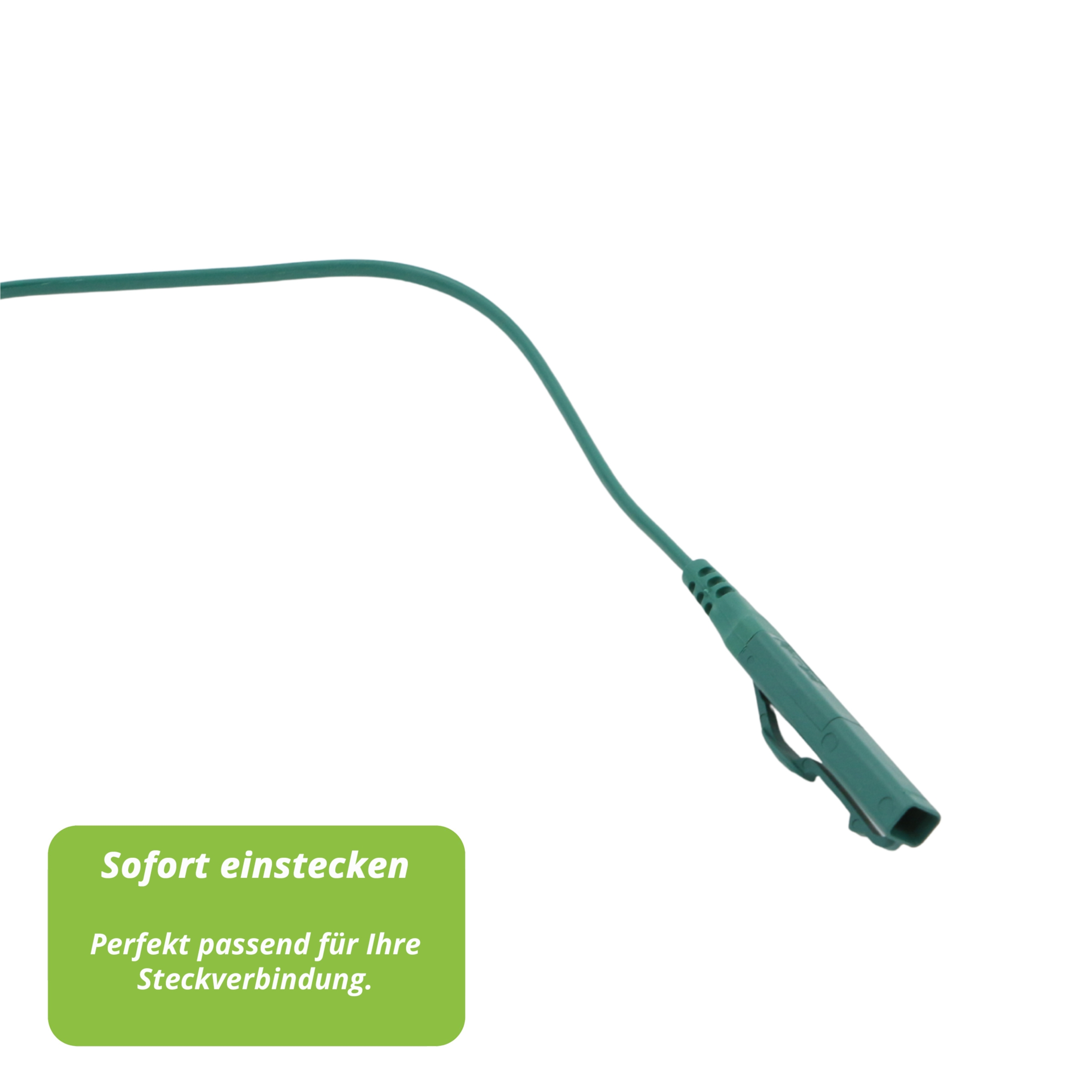 Ein grünes Anschlusskabel mit Stecker und Textfeld: 'Sofort einstecken, perfekt passend für Ihre Steckverbindung.'