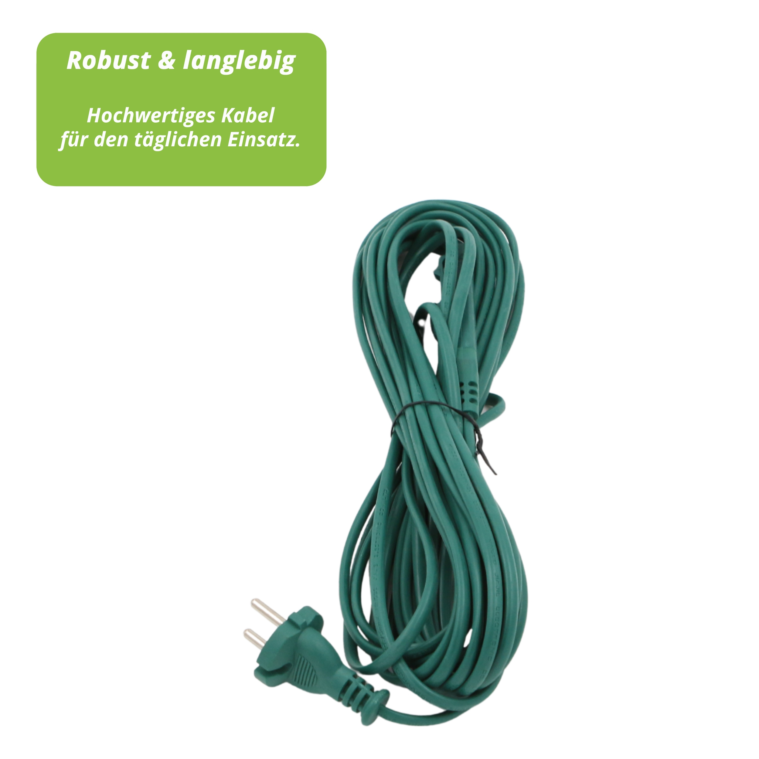 Grünes Verlängerungskabel, aufgerollt. Ein Stecker ist sichtbar. Text oben: 'Robust & langlebig', 'Hochwertiges Kabel'.