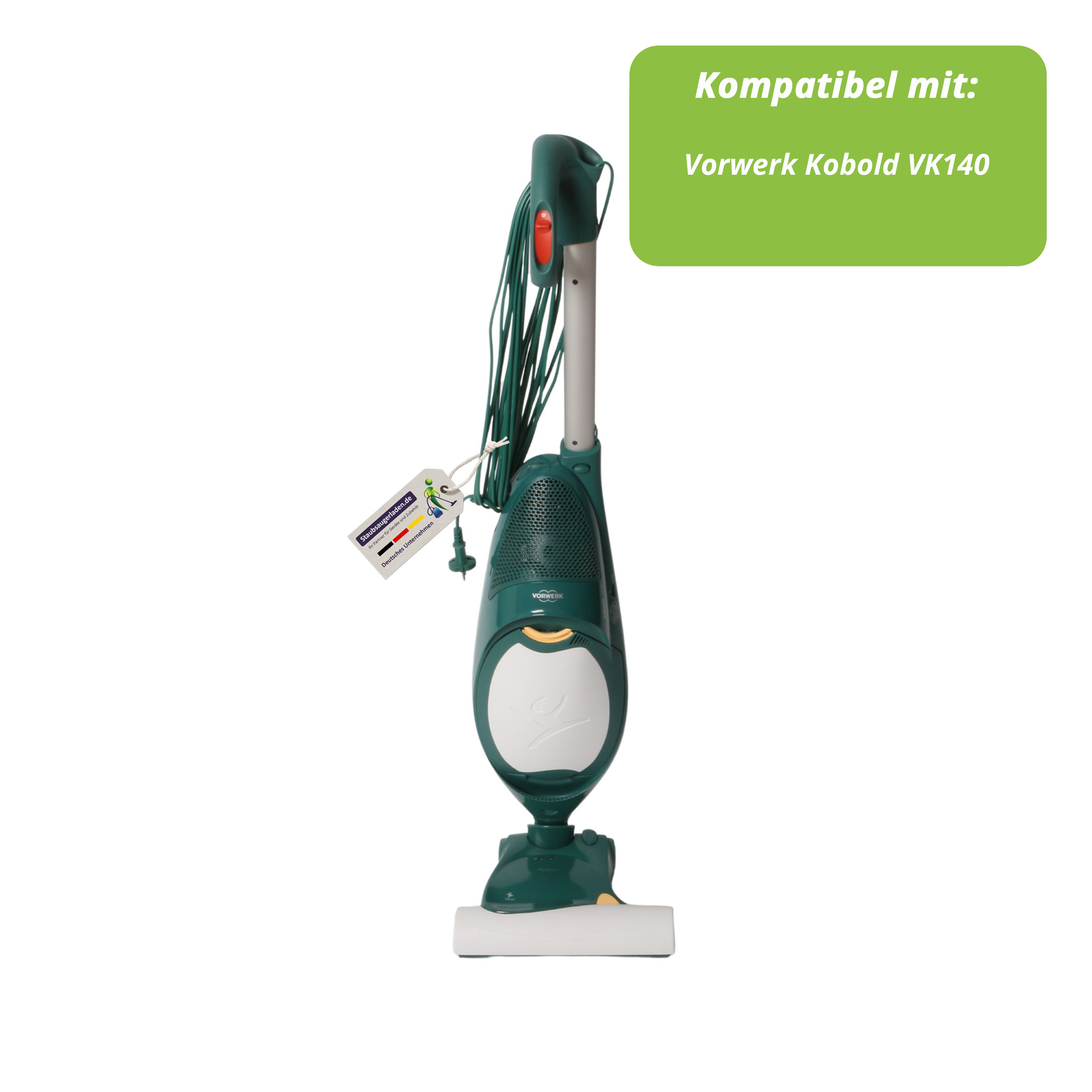 Ein grüner Vorwerk Kobold VK140 Staubsauger steht auf weißem Grund. Ein Anhänger hängt am Griff.