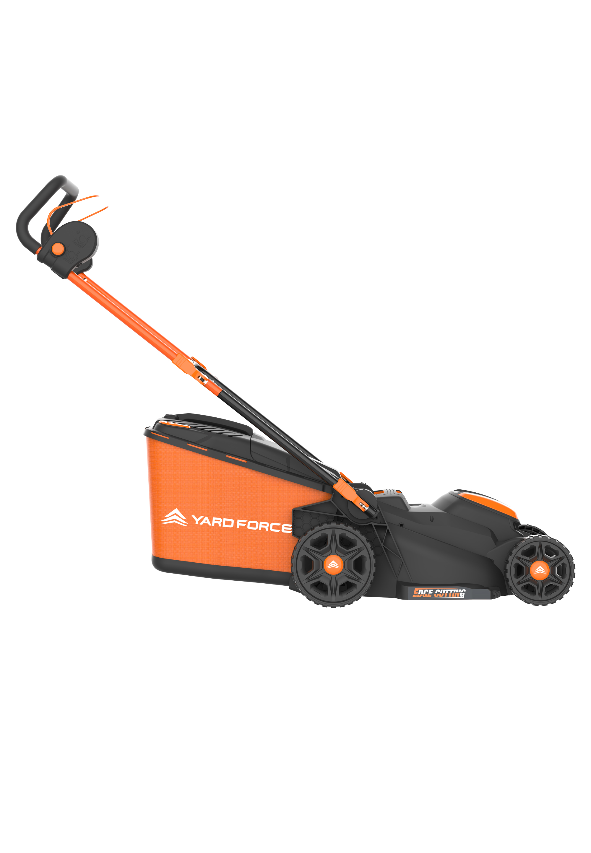 Ein orange-schwarzer Yard Force Rasenmäher. Er hat einen Griff, Räder und eine Sammelbox. Der Hintergrund ist weiß.