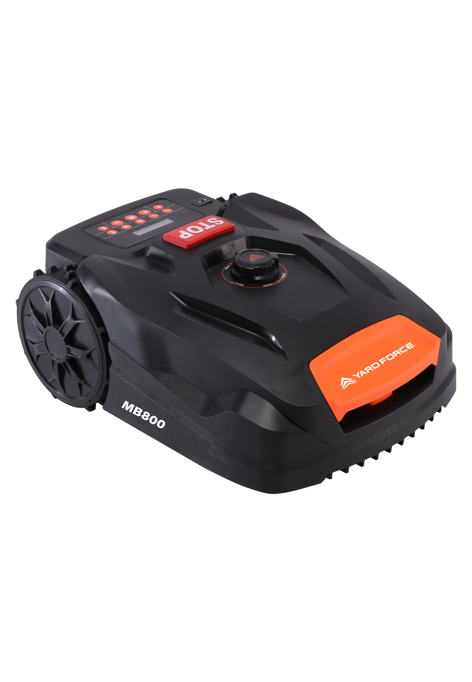 Schwarzer Yard Force MB800 Robotermäher mit orangefarbenen Akzenten, roter Stopptaste und einem schwarzen Rad.
