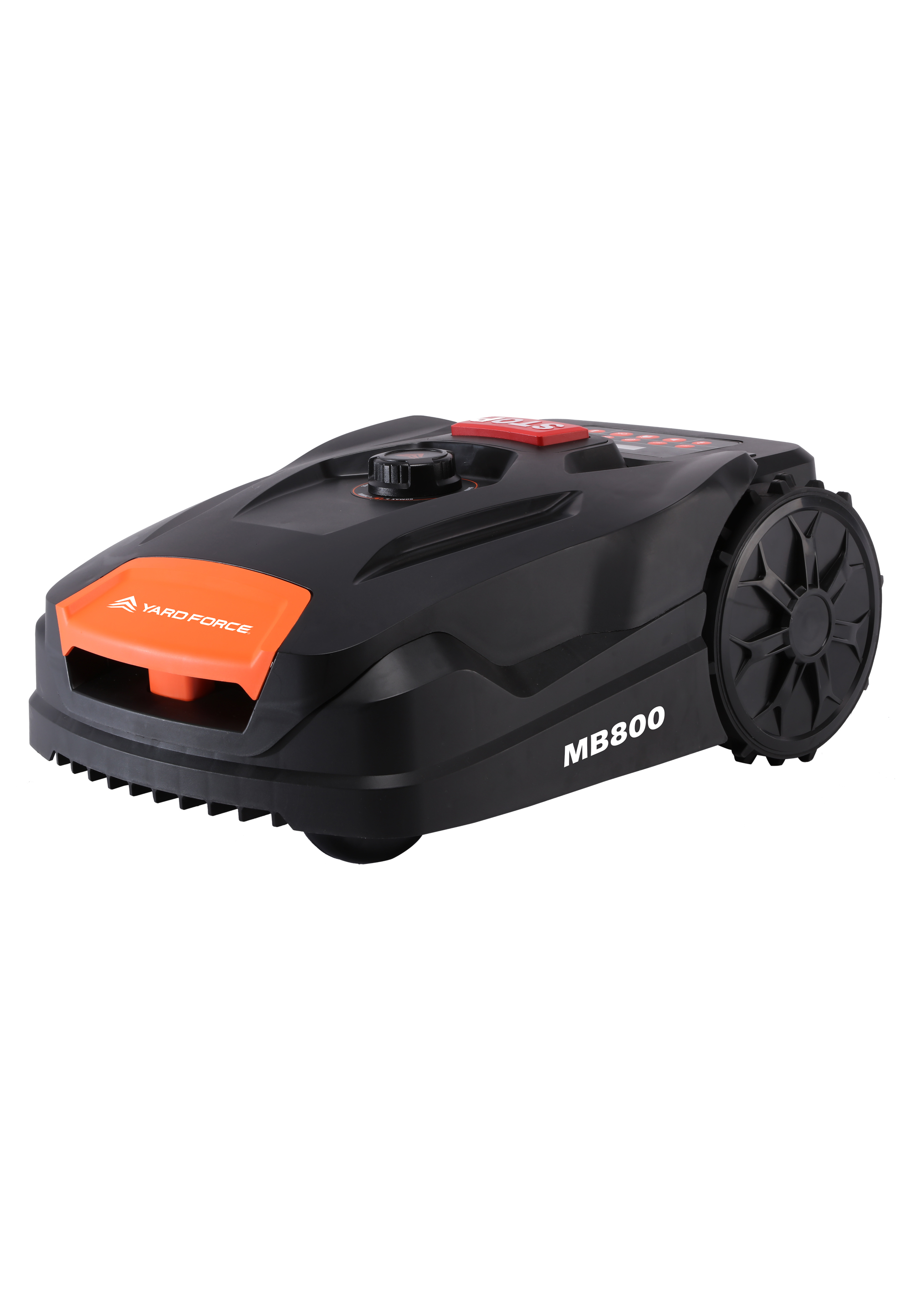 Schwarzer Yard Force MB800 Mähroboter mit orangefarbenen Akzenten, schwarzen Rädern und weißem Hintergrund.