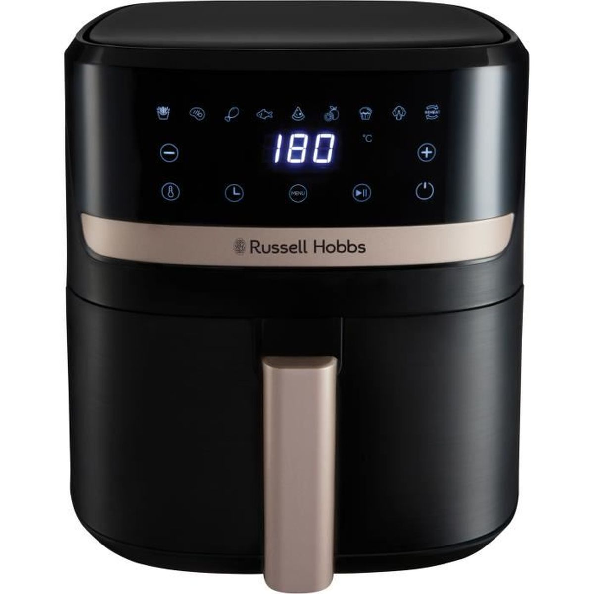 Schwarze Russell Hobbs Heißluftfritteuse mit digitaler Anzeige von 180 Grad. Goldakzente an Front und Griff.
