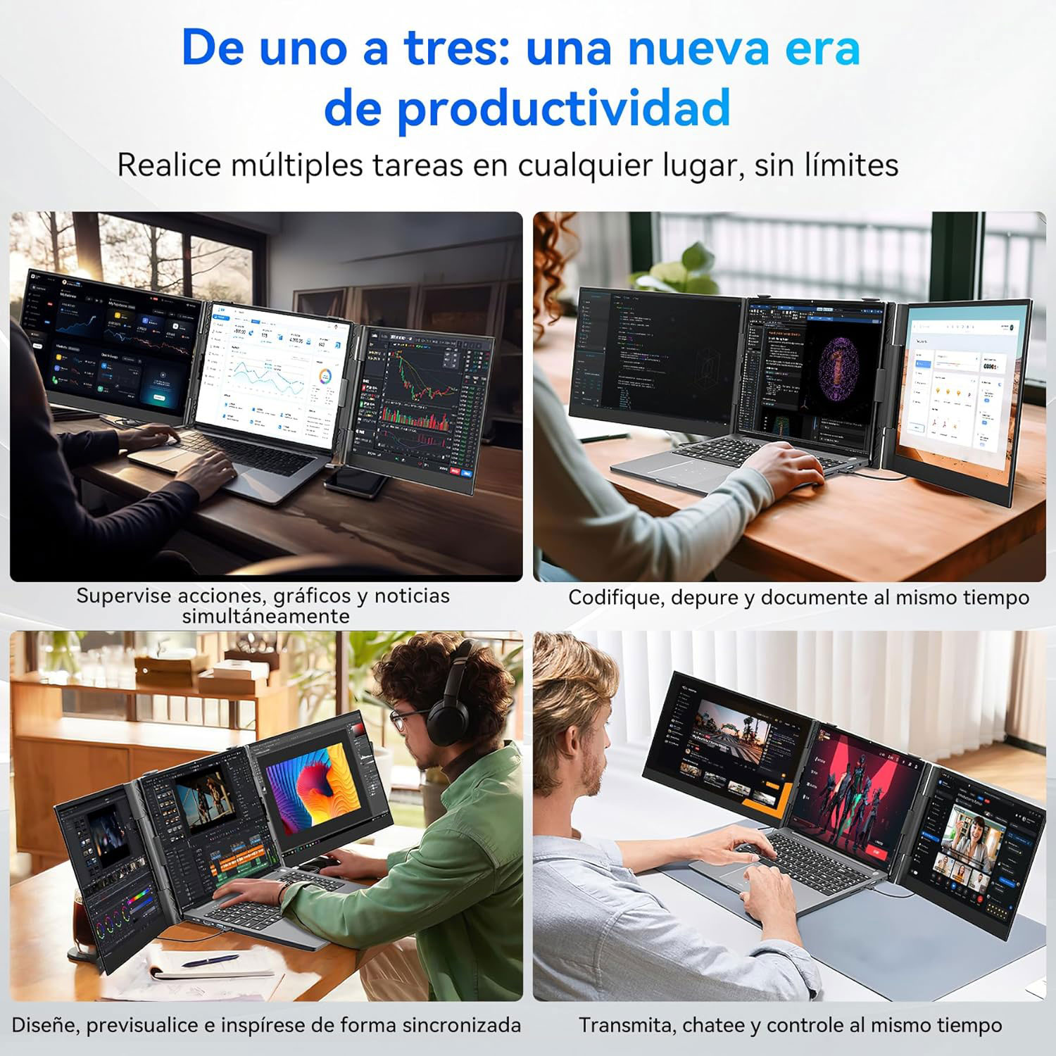 La imagen muestra personas usando laptops con múltiples pantallas para tareas como codificar, operar, editar video y transmitir.