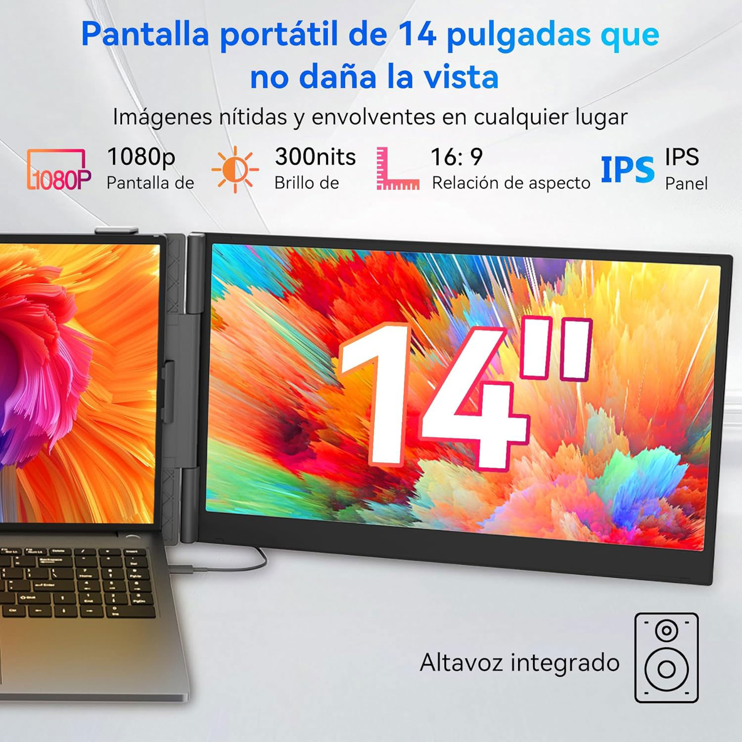 Un portátil con pantalla de 14 pulgadas que muestra arte abstracto colorido. Incluye 1080p, 300 nits y un altavoz integrado.