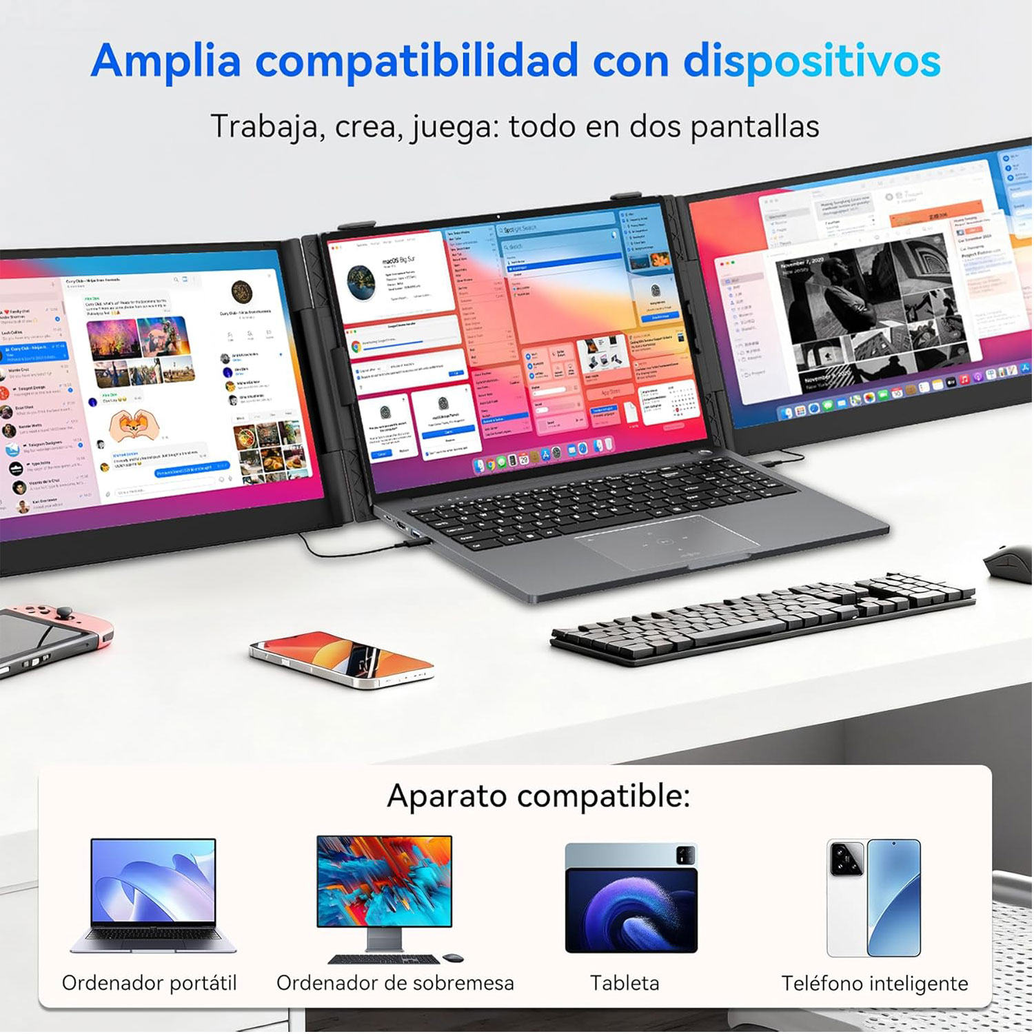 Un portátil con tres pantallas que muestran diferentes interfaces. Debajo hay imágenes de dispositivos compatibles: portátil, escritorio, tableta y teléfono inteligente.