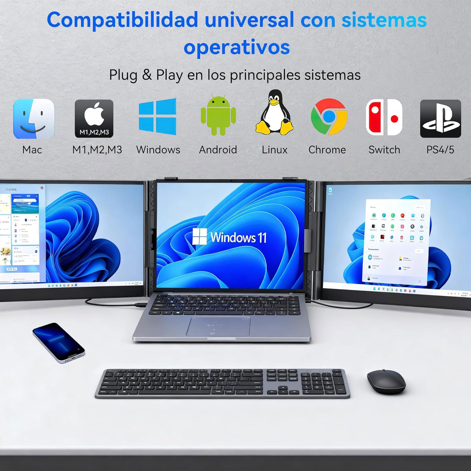 Un portátil con tres pantallas, teclado, ratón y teléfono sobre una superficie blanca. Se muestran iconos de diferentes sistemas operativos.