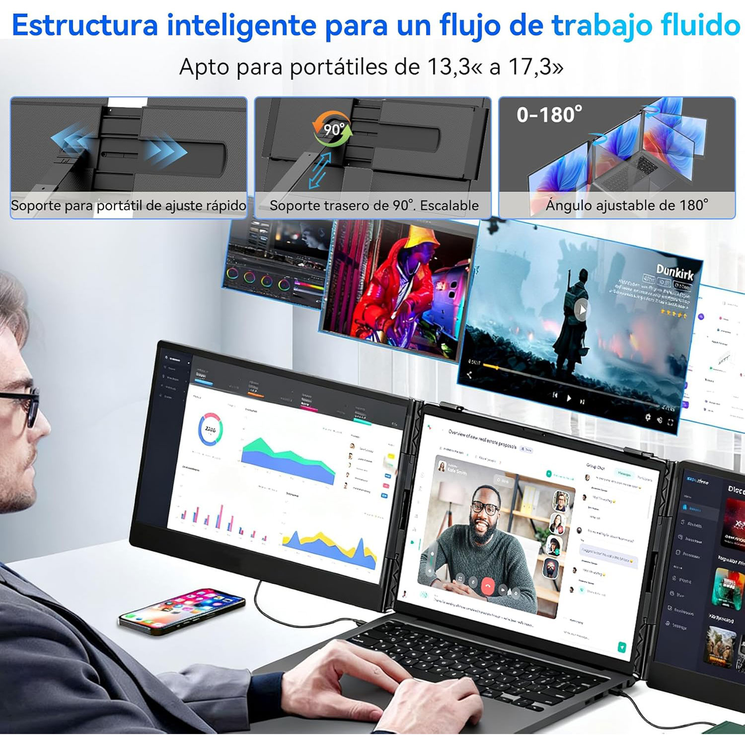 Un hombre usa una laptop con tres pantallas que muestran gráficos, videollamadas y una película. La configuración tiene ángulos ajustables.