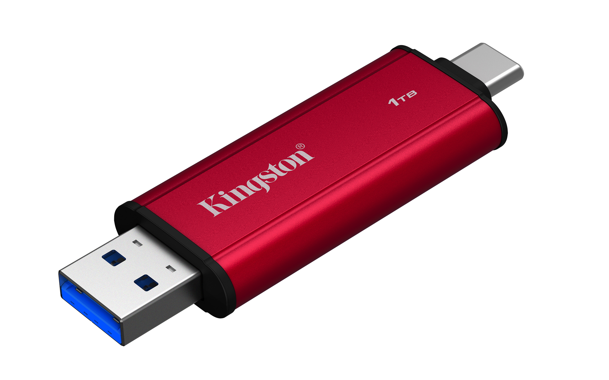 Un'unità flash USB Kingston rossa da 1TB. Ha connettori USB-A e USB-C. Il marchio è visibile.
