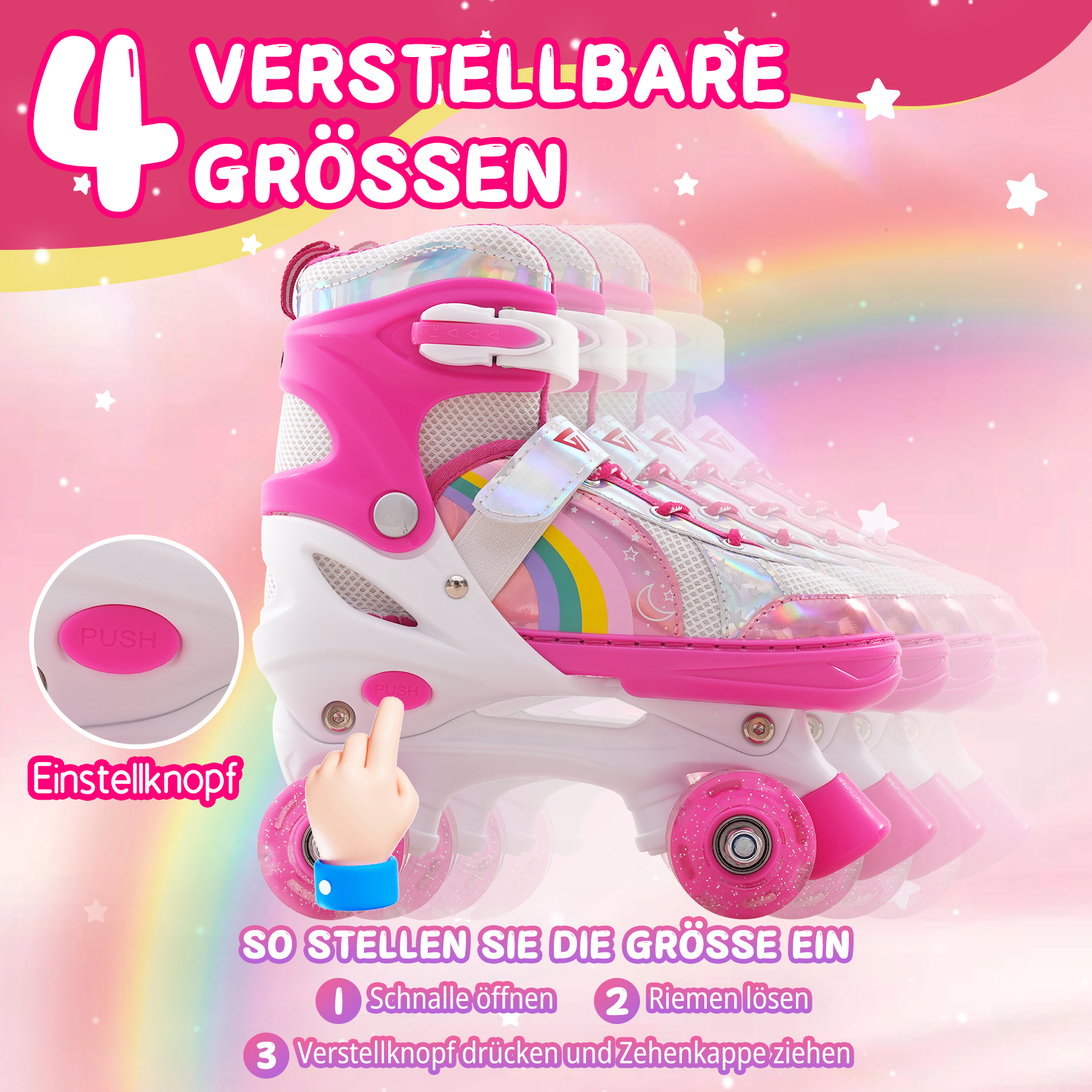 Verstellbarer rosa und weißer Rollschuh, eine Hand drückt einen Knopf, Anweisungen zur Größenanpassung.