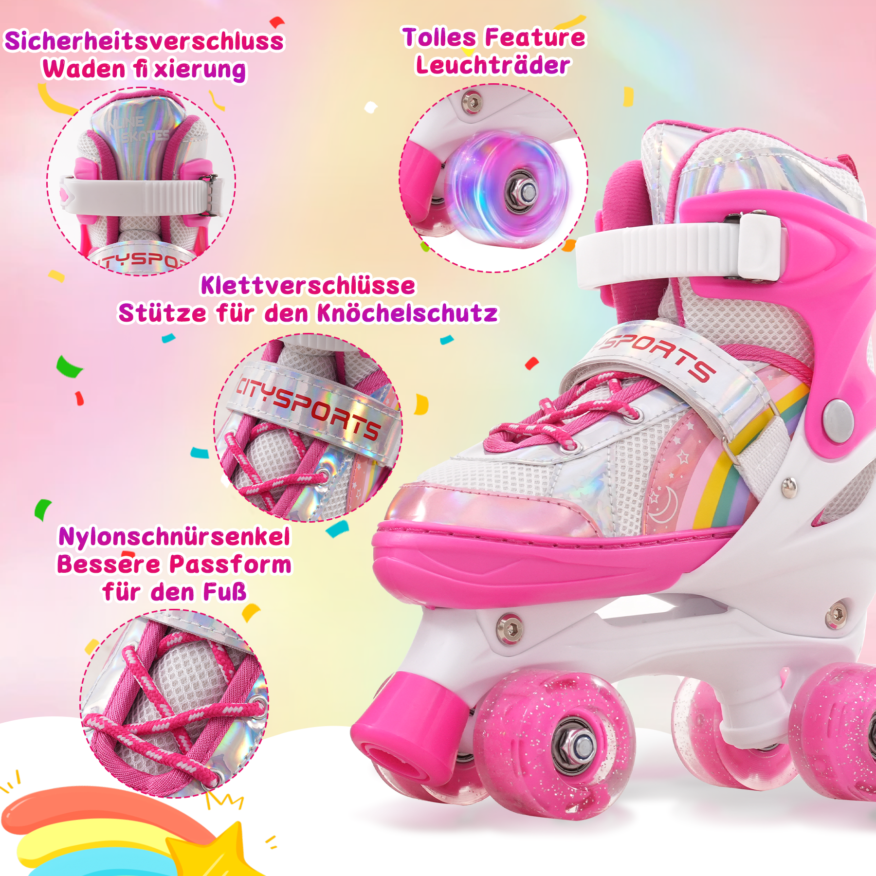 Pinke und weiße Rollschuhe mit Regenbogenmuster, leuchtenden Rädern und verschiedenen Sicherheitsmerkmalen.