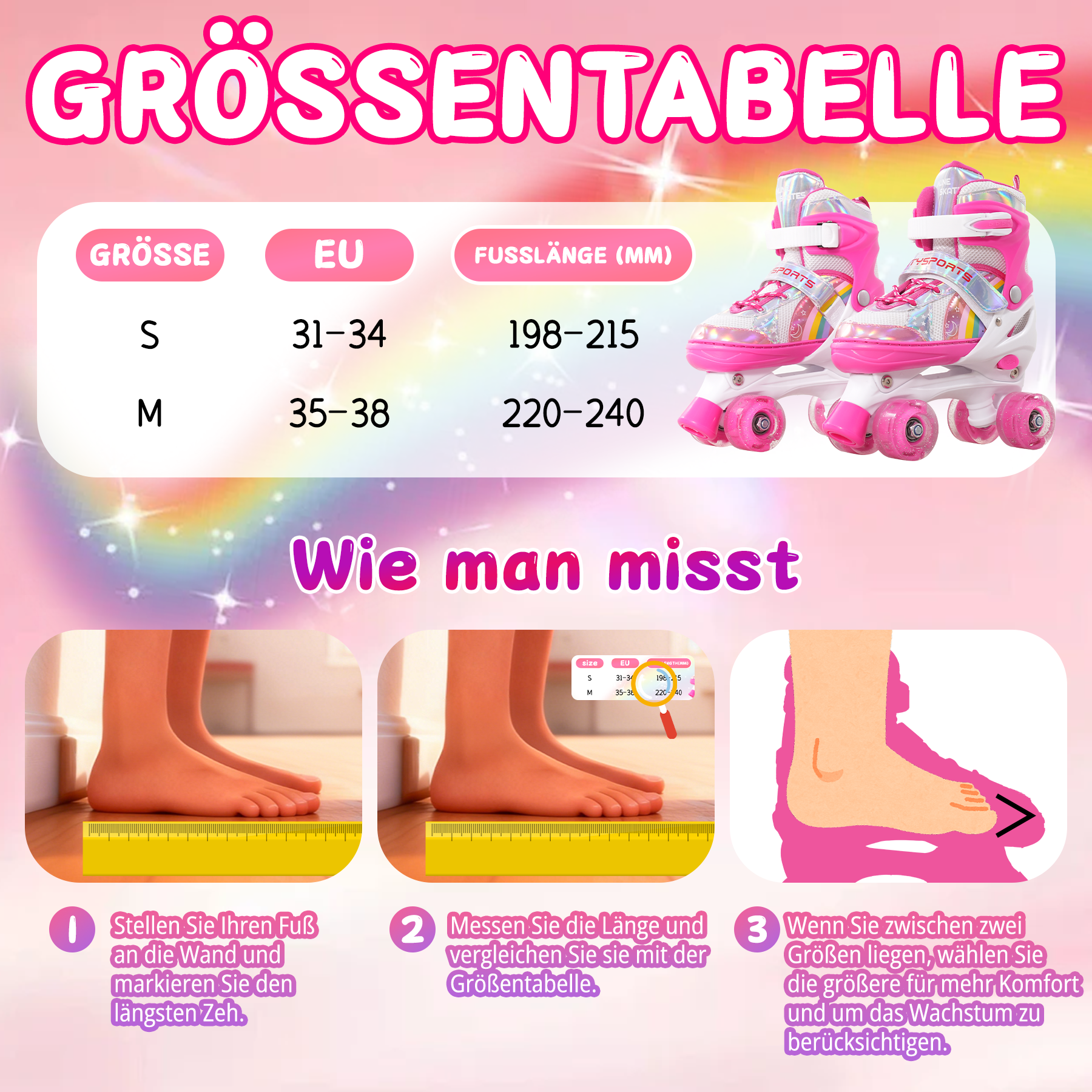 Pinke Rollschuhe und eine Größentabelle werden angezeigt. Anweisungen zur Fußmessung sind ebenfalls enthalten.