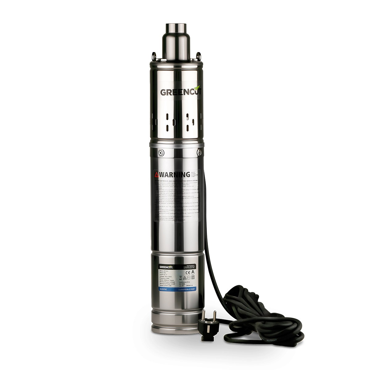 Una bomba de agua de acero inoxidable con cable y enchufe negros. Tiene una etiqueta de advertencia y es visible la marca Greencut.