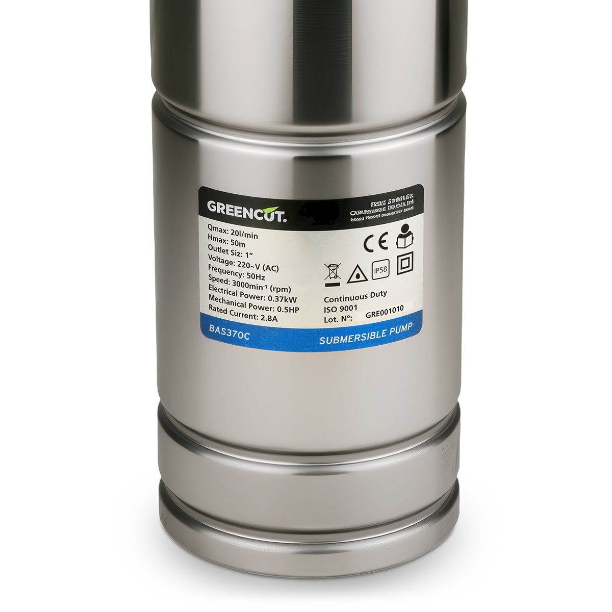 Una bomba sumergible de acero con una etiqueta que muestra las especificaciones. La etiqueta dice 'GREENCUT' y 'SUBMERSIBLE PUMP'.