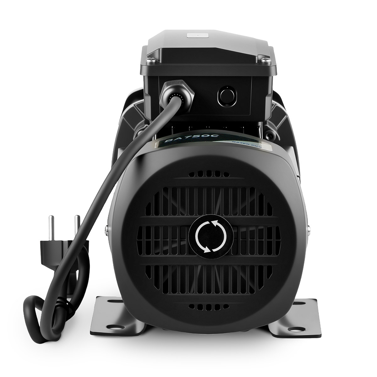 Un motor eléctrico negro con cable y enchufe. Tiene un frontal en forma de ventilador y una etiqueta que dice BA750C.