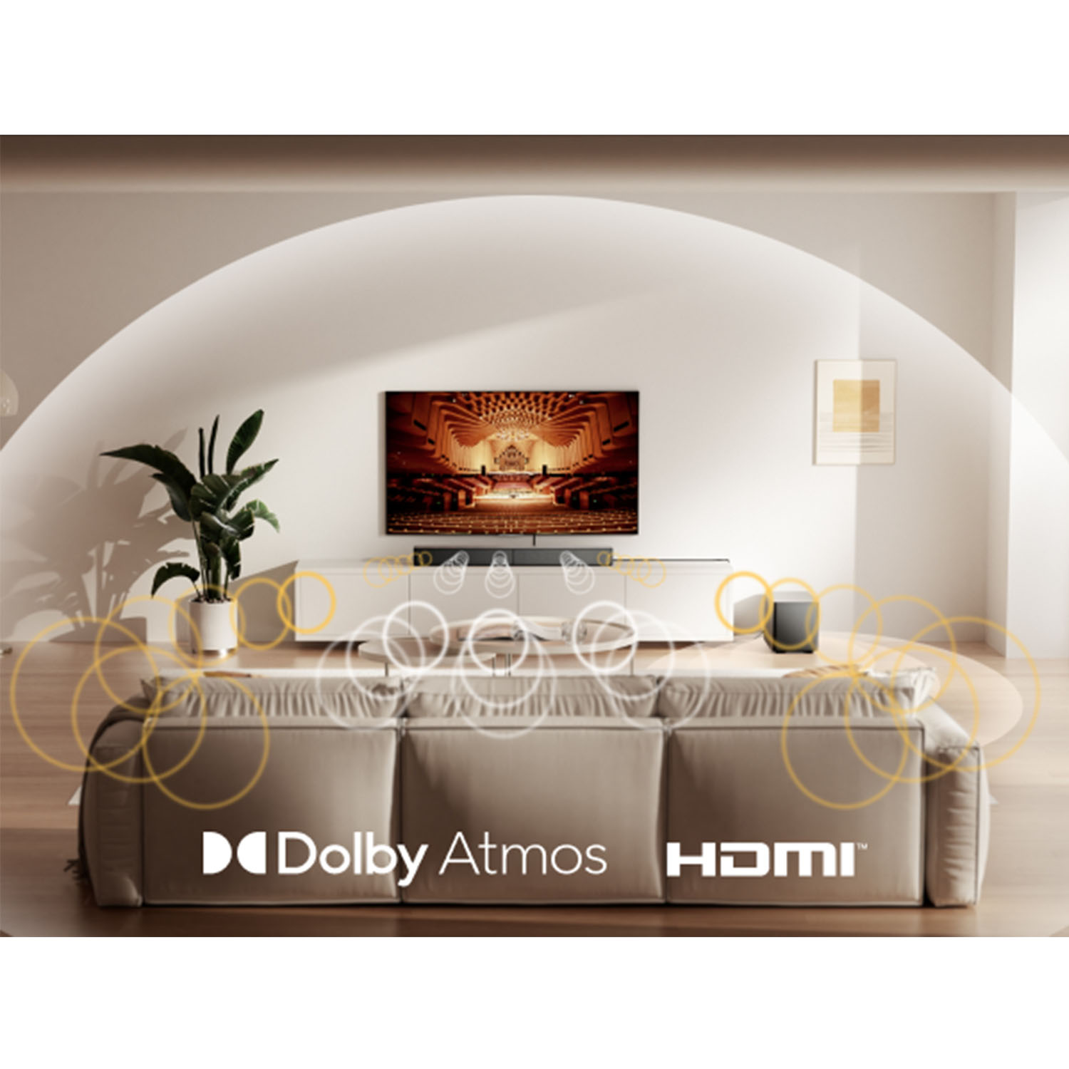 Salon z sofą, telewizorem i systemem dźwiękowym. Logo Dolby Atmos i HDMI na dole.