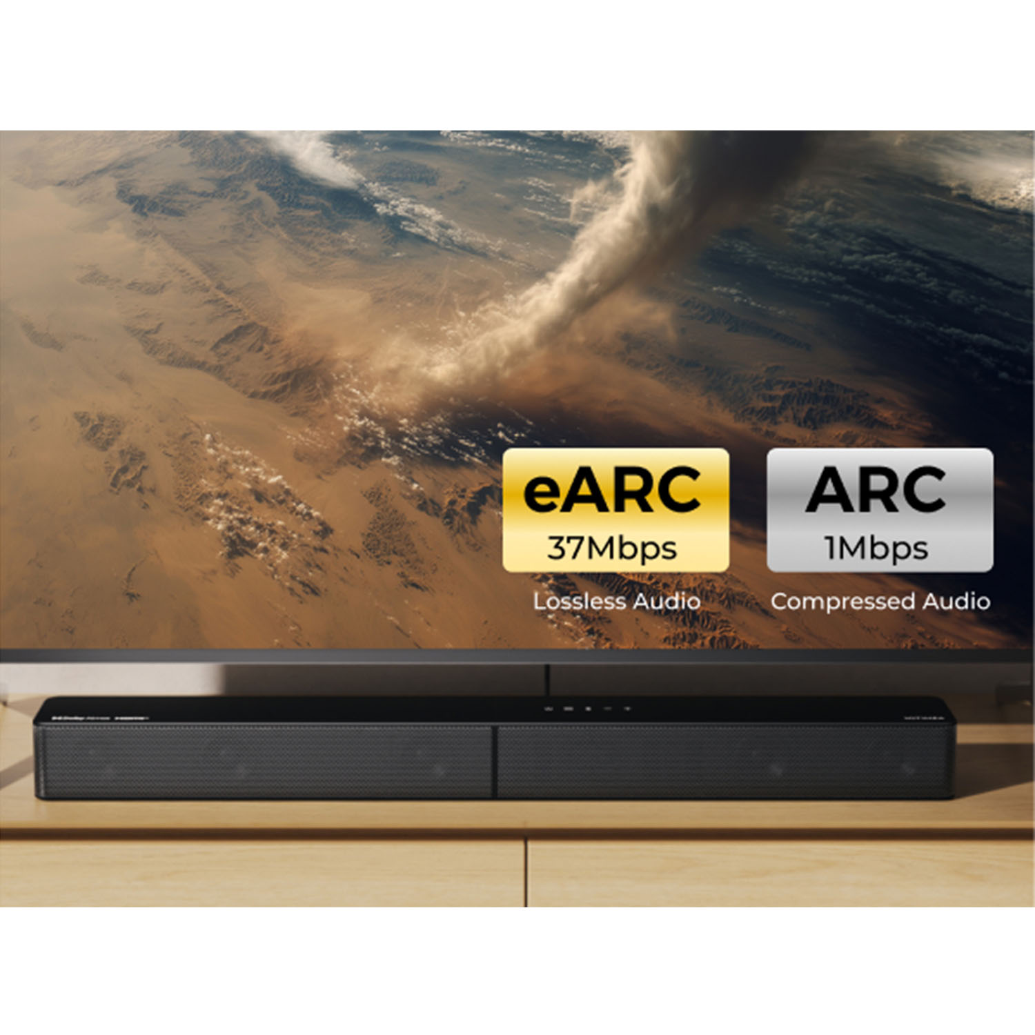 Soundbar pod telewizorem z pustynnym krajobrazem. Etykiety eARC i ARC określają jakość dźwięku.
