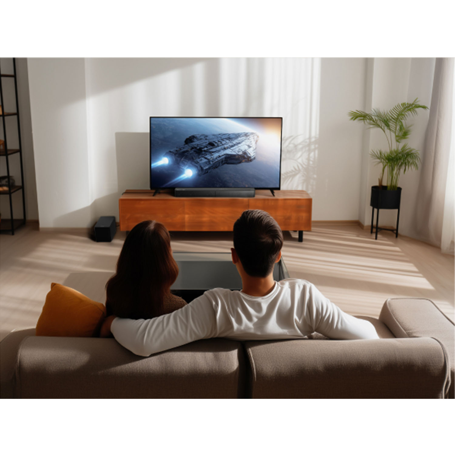 Para ogląda telewizję z statkiem kosmicznym. Siedzą na kanapie w salonie. Telewizor na drewnianym stojaku. Roślina w tle.