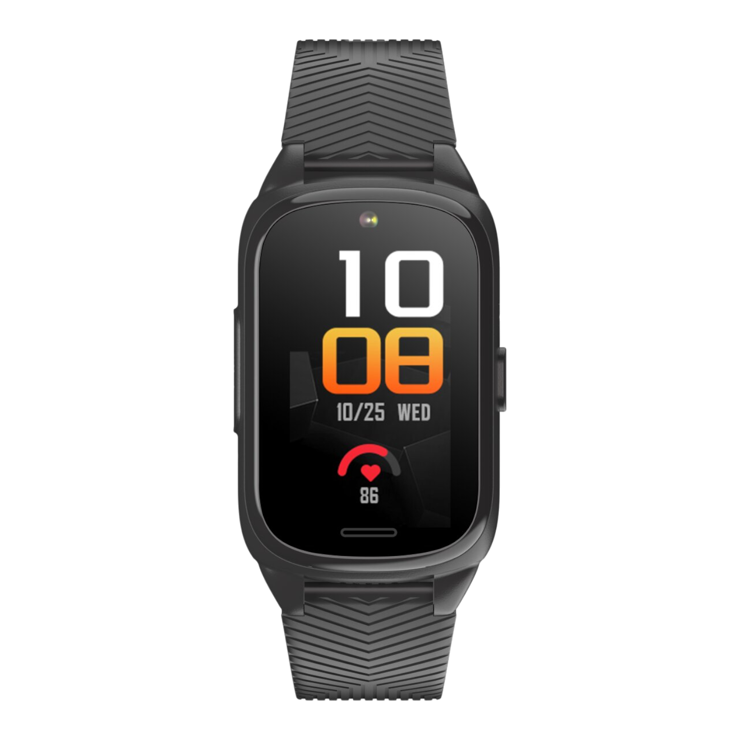 Czarny smartwatch wyświetlający godzinę 10:08, datę i tętno. Czarne tło. Pasek ma wzór tekstury.