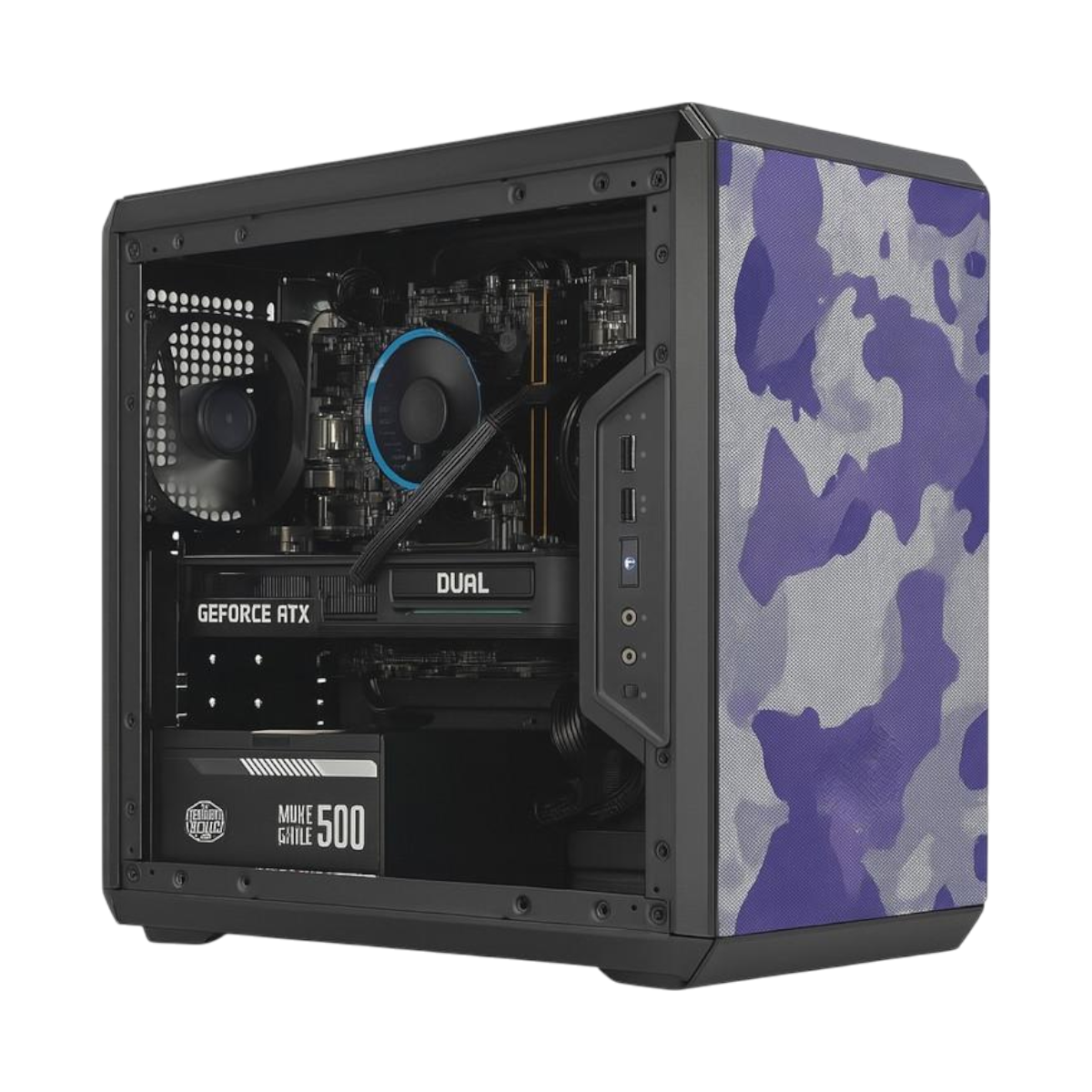 Obudowa komputera z widocznymi elementami w środku. Ma kamuflażowy panel boczny w kolorze fioletowym i szarym. Elementy to karta graficzna i wentylator.