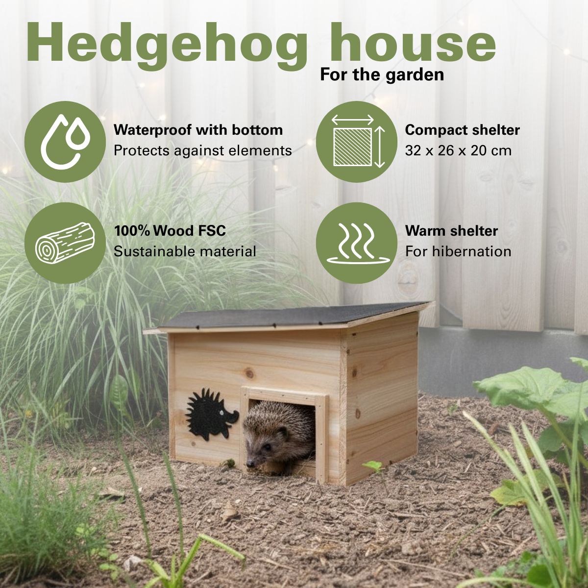 A hedgehog house in a garden. A hedgehog is in the entrance. Text describes the house as waterproof, compact, made from wood, and warm.