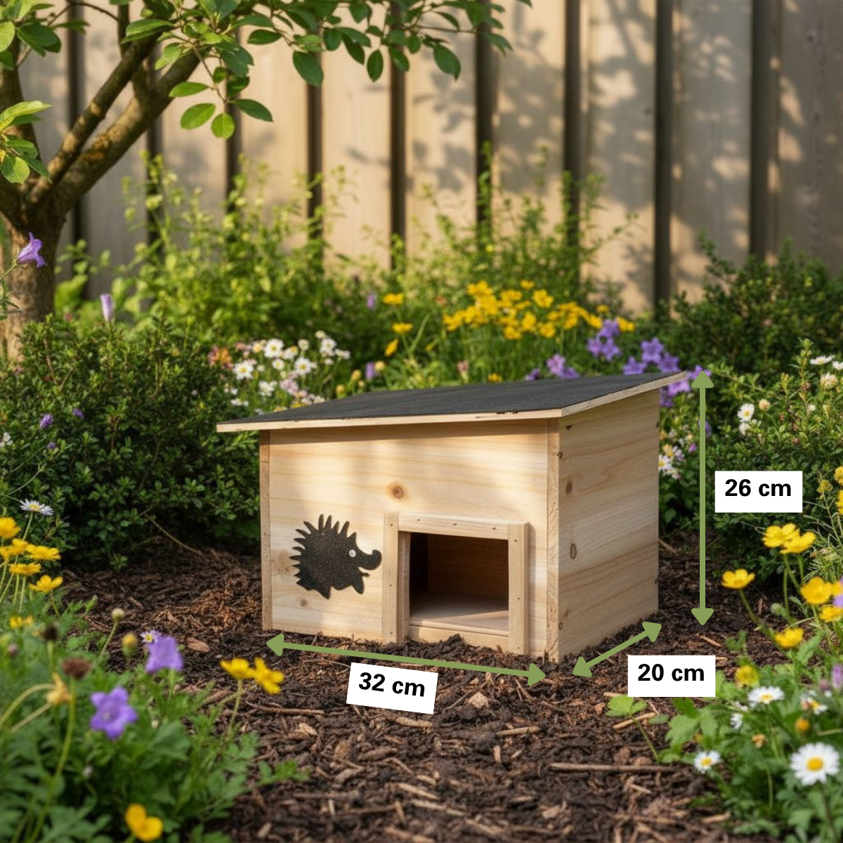 A wooden hedgehog house with a black roof, in a garden, surrounded by flowers and a wooden fence.