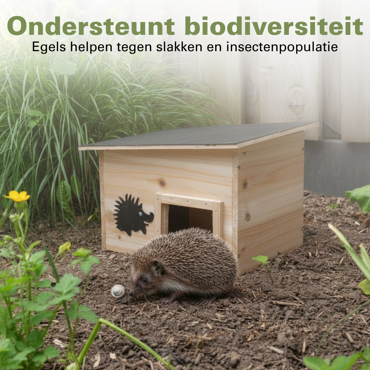 A hedgehog near its wooden house in a garden. A snail is on the ground. Text above says 'Supports biodiversity'.
