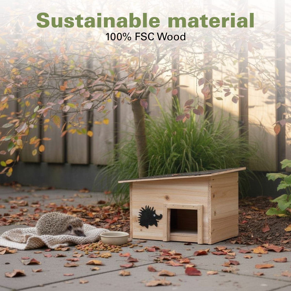 A hedgehog sits near a wooden house, bowl of food, and autumn leaves. The house has a black hedgehog silhouette on it.