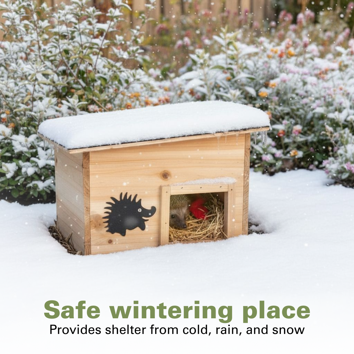 A wooden hedgehog house covered in snow. A hedgehog is inside with a red object. Background snow and plants.