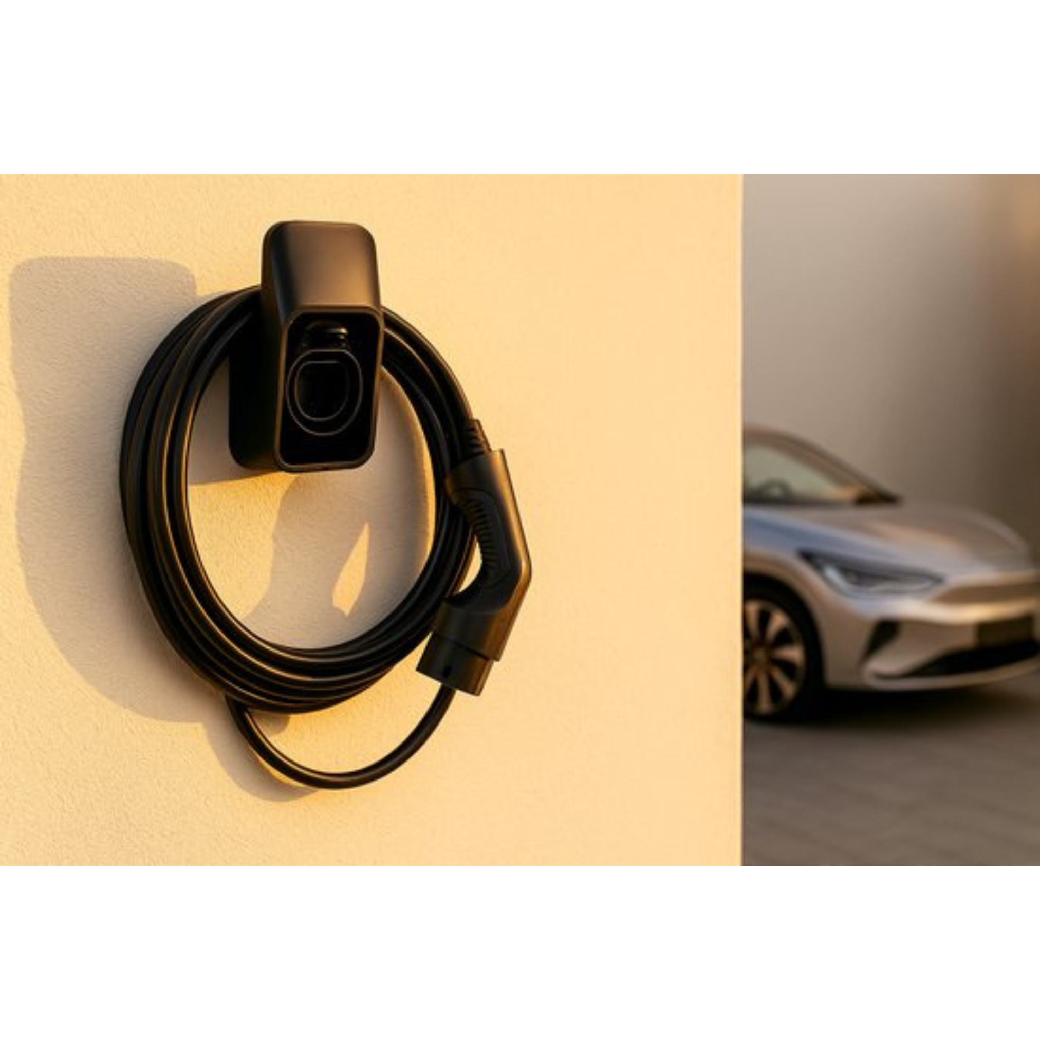 Black charging station with coiled cable on wall. A silver car is blurred in the background.