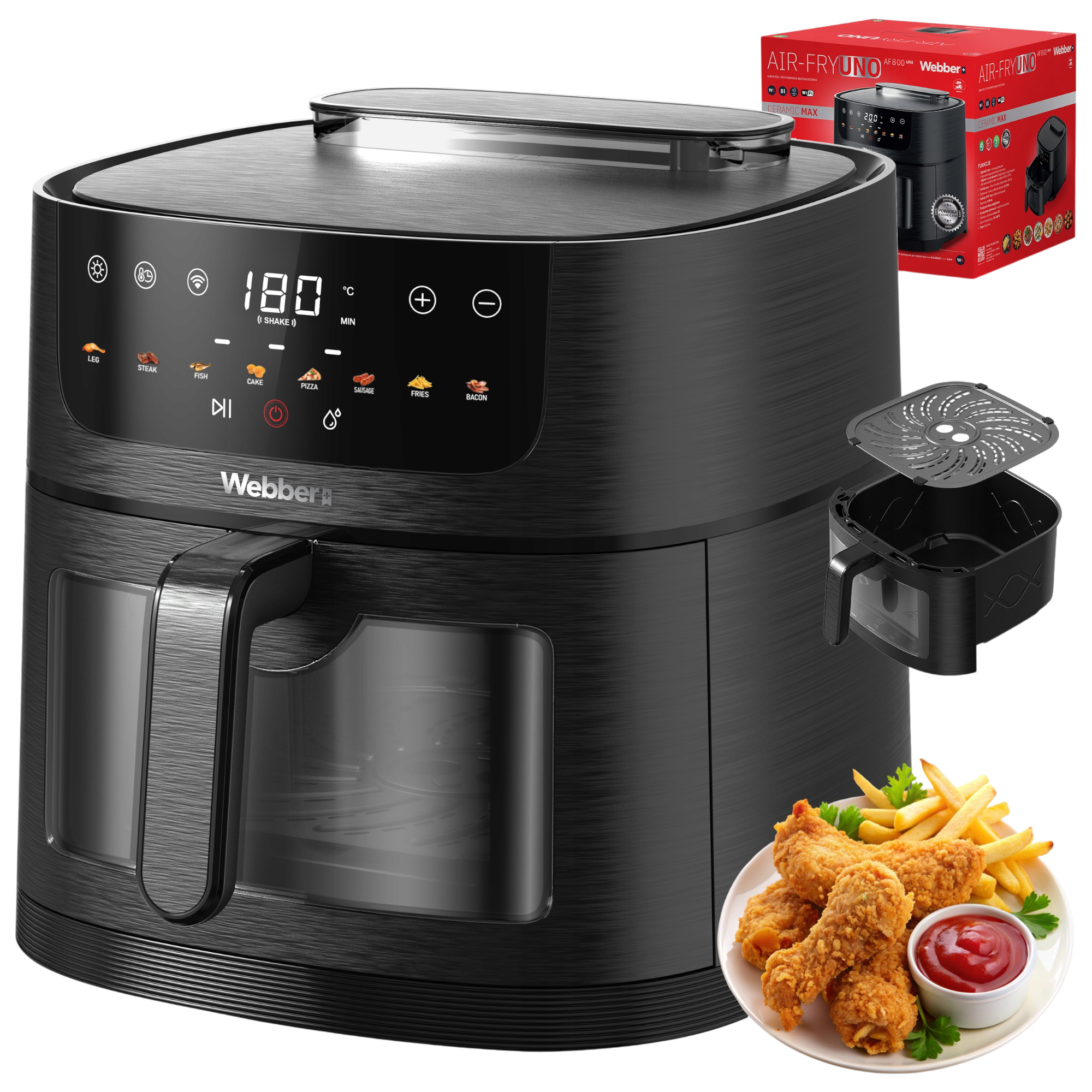Czarna frytownica powietrzna z kurczakiem i frytkami. Wyświetlacz cyfrowy pokazuje 180 stopni. Marka Webber. Zawiera pudełko i tacę.