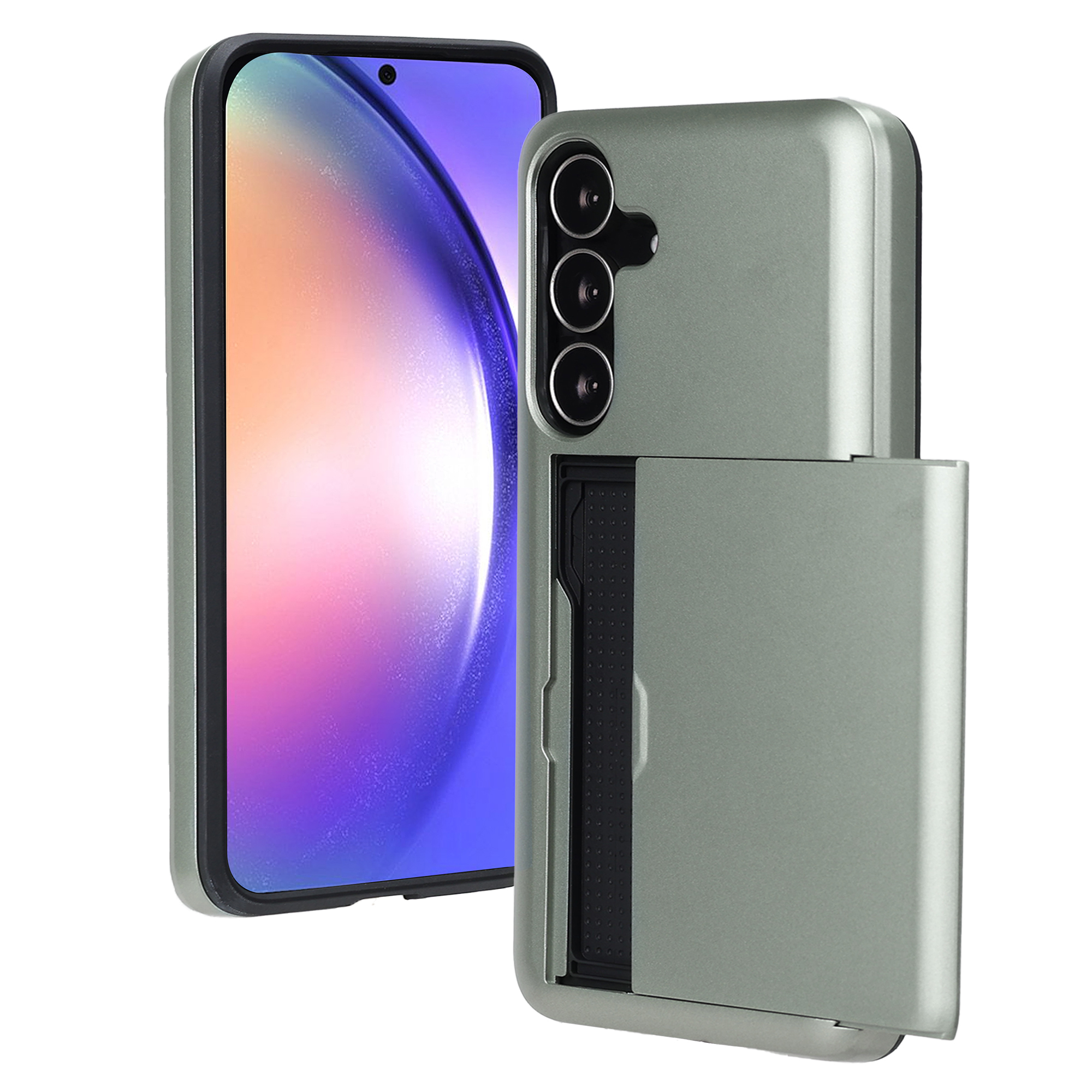 Un téléphone dans un étui vert avec un porte-cartes. L'écran du téléphone affiche un dégradé violet et blanc. Trois caméras sont visibles.