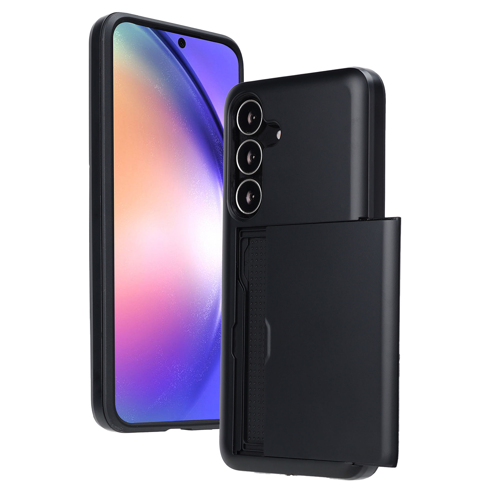 Coque de téléphone noire avec téléphone inséré. L'étui a un porte-cartes. L'écran du téléphone affiche un dégradé coloré.