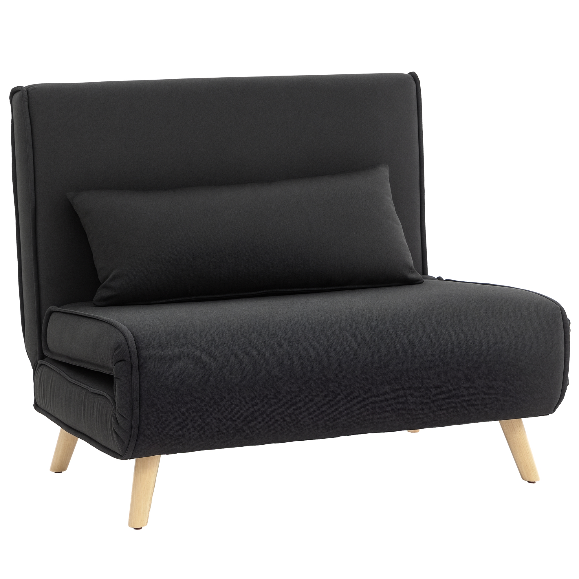 Poltrona nera convertibile con cuscino, gambe in legno, su sfondo bianco.