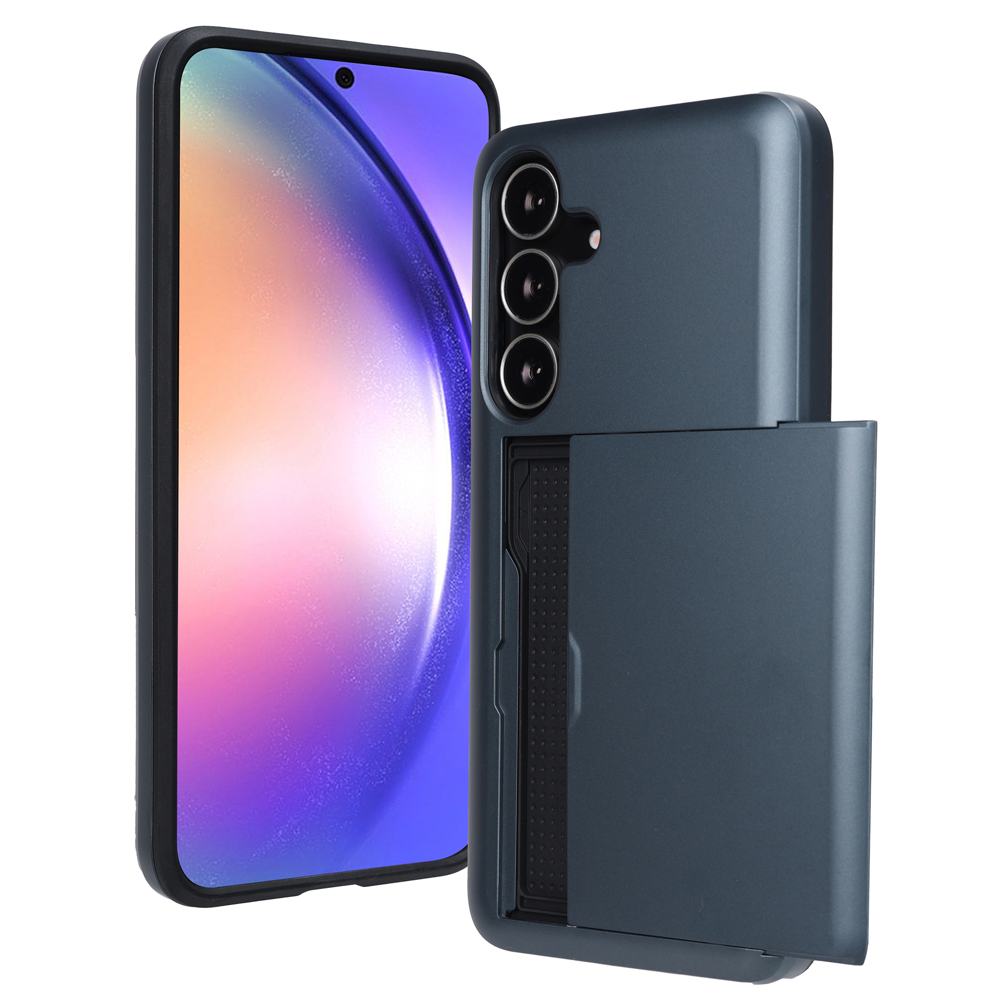 Een smartphone in een donkerblauwe hoes met een kaarthouder. Het scherm toont een kleurrijke abstracte achtergrond.