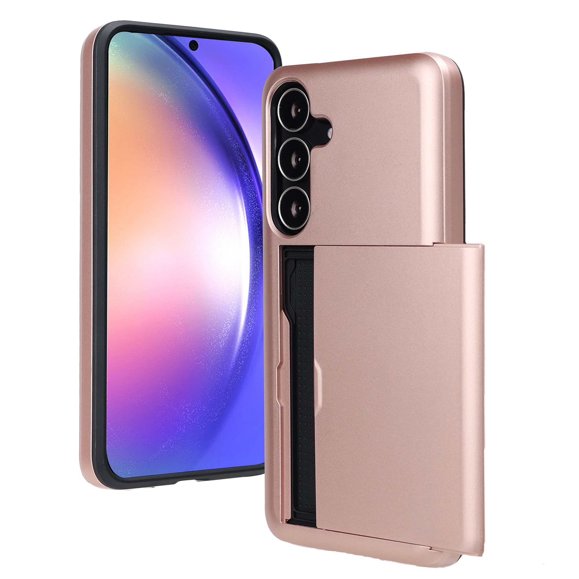 Coque de téléphone or rose avec téléphone à l'intérieur. L'étui a un porte-cartes. L'écran affiche un fond d'écran coloré.