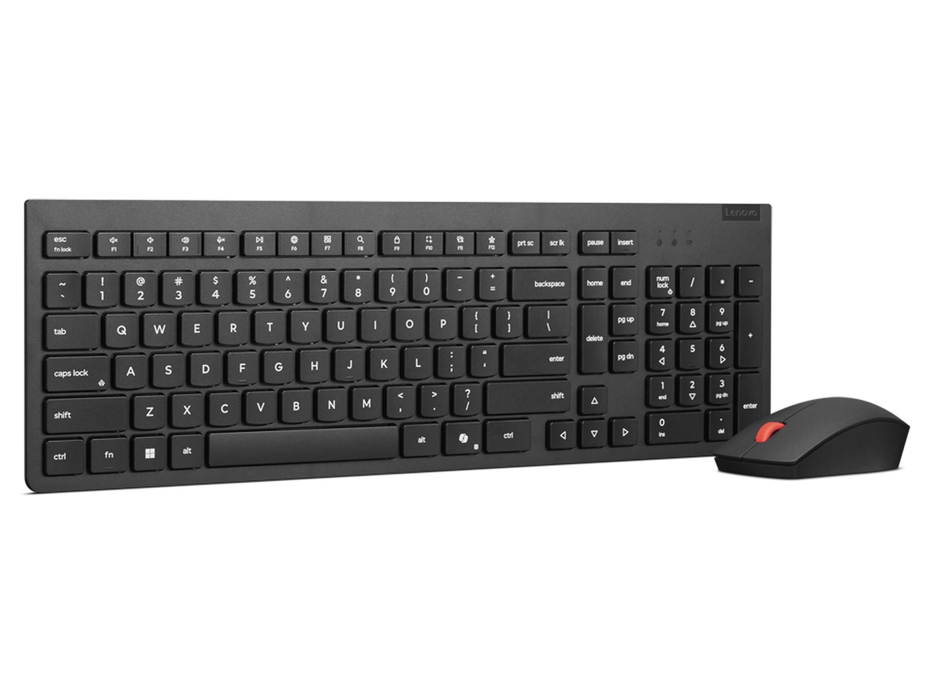 Set tastiera e mouse Lenovo neri. La tastiera ha tasti, il mouse ha un pulsante rosso. Sfondo bianco.