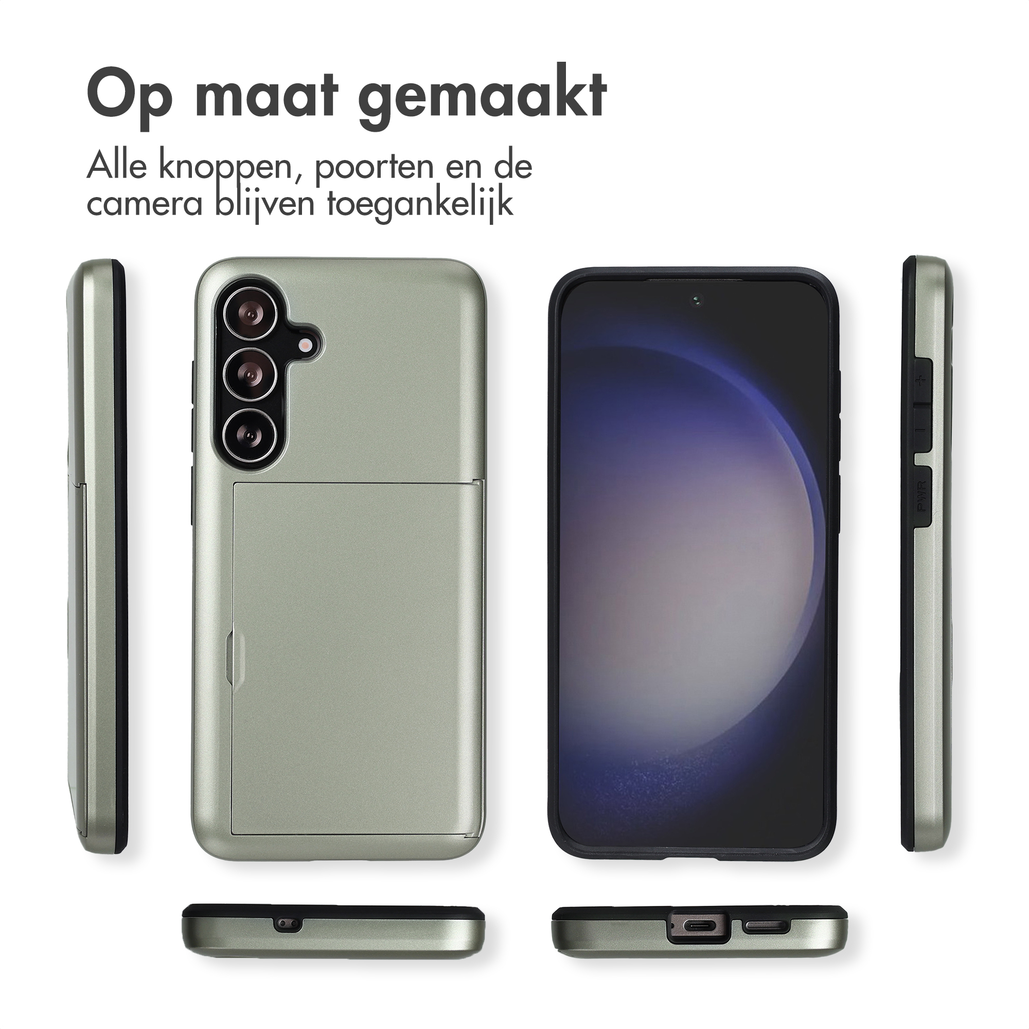 Téléphone avec étui. Le téléphone est en différentes vues. Étui vert. Boutons, ports et appareil photo sont accessibles.