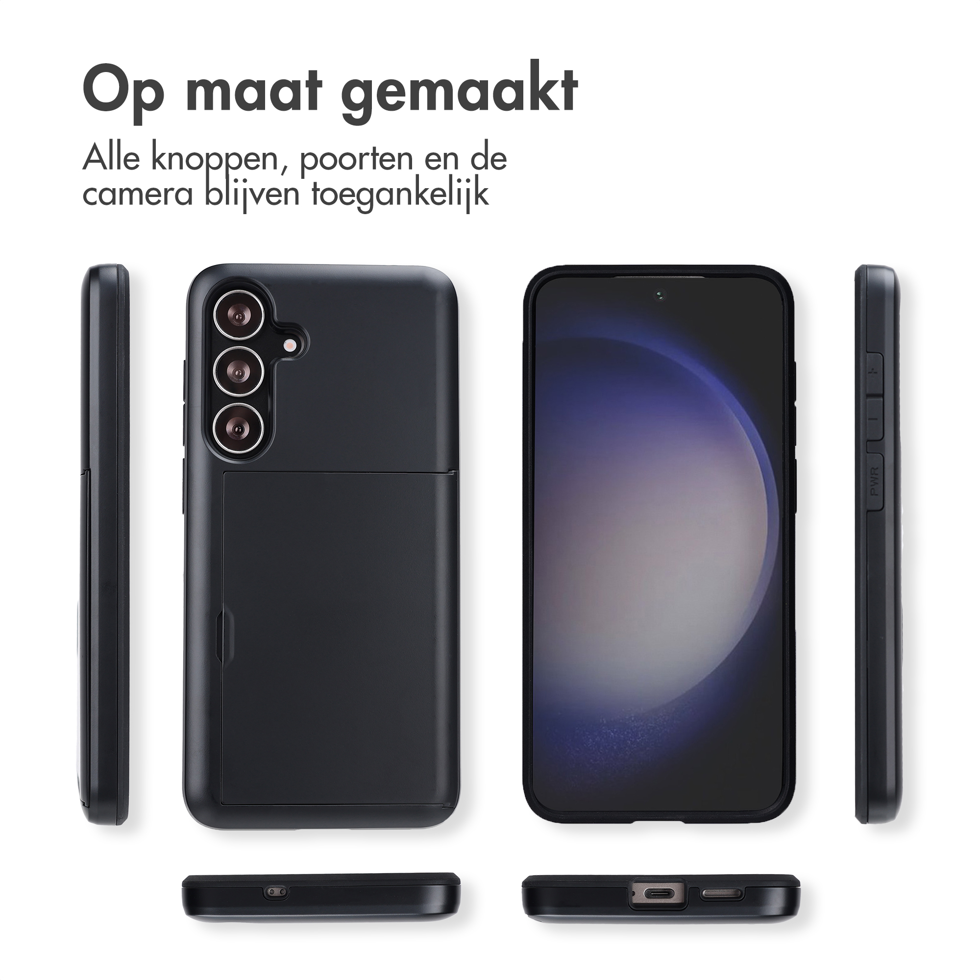 Coque de téléphone noire avec téléphone, vues latérales et inférieure, sur fond blanc. Texte néerlandais en haut.