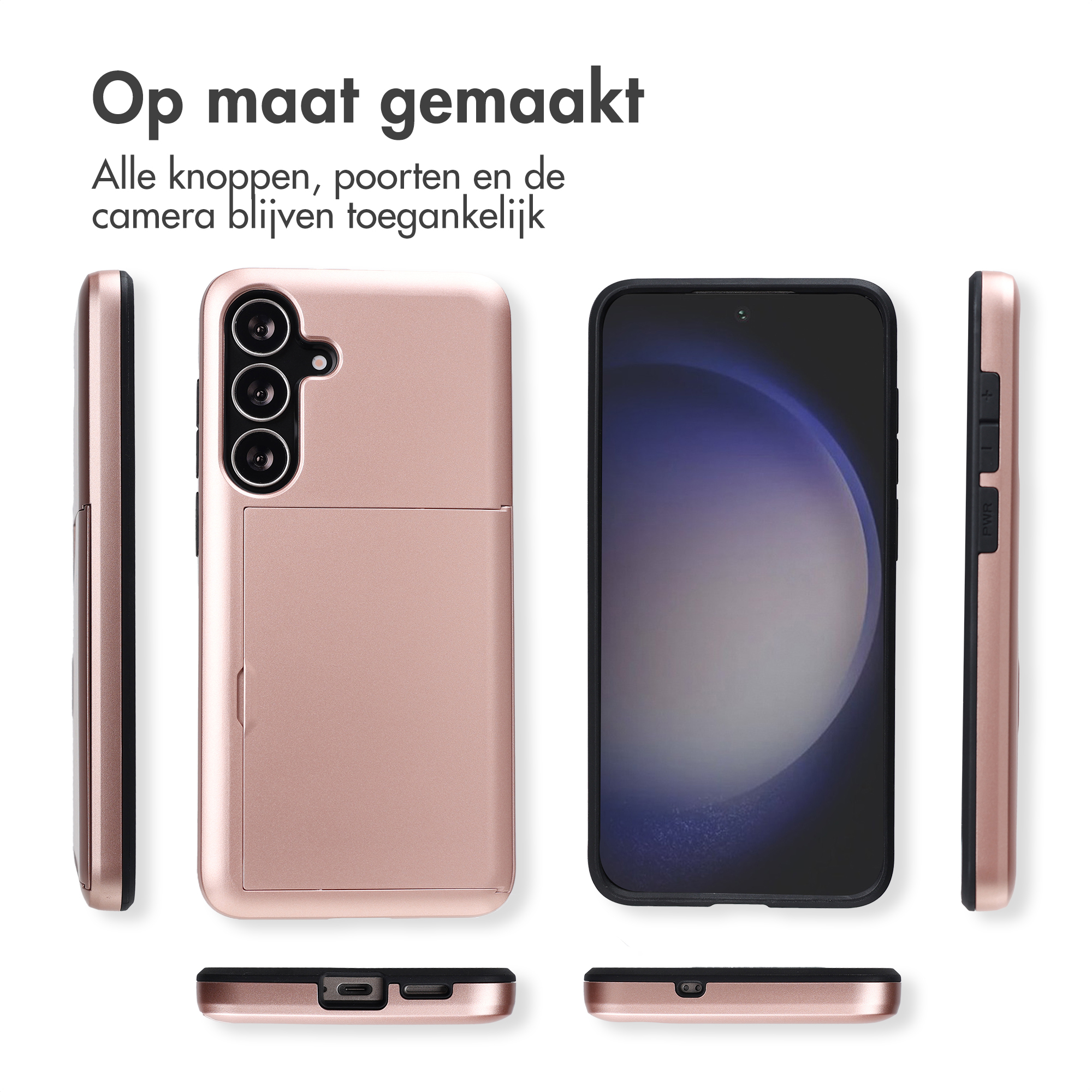 Coque de téléphone or rose avec téléphone et porte-cartes. Écran noir. Texte : Op maat gemaakt.