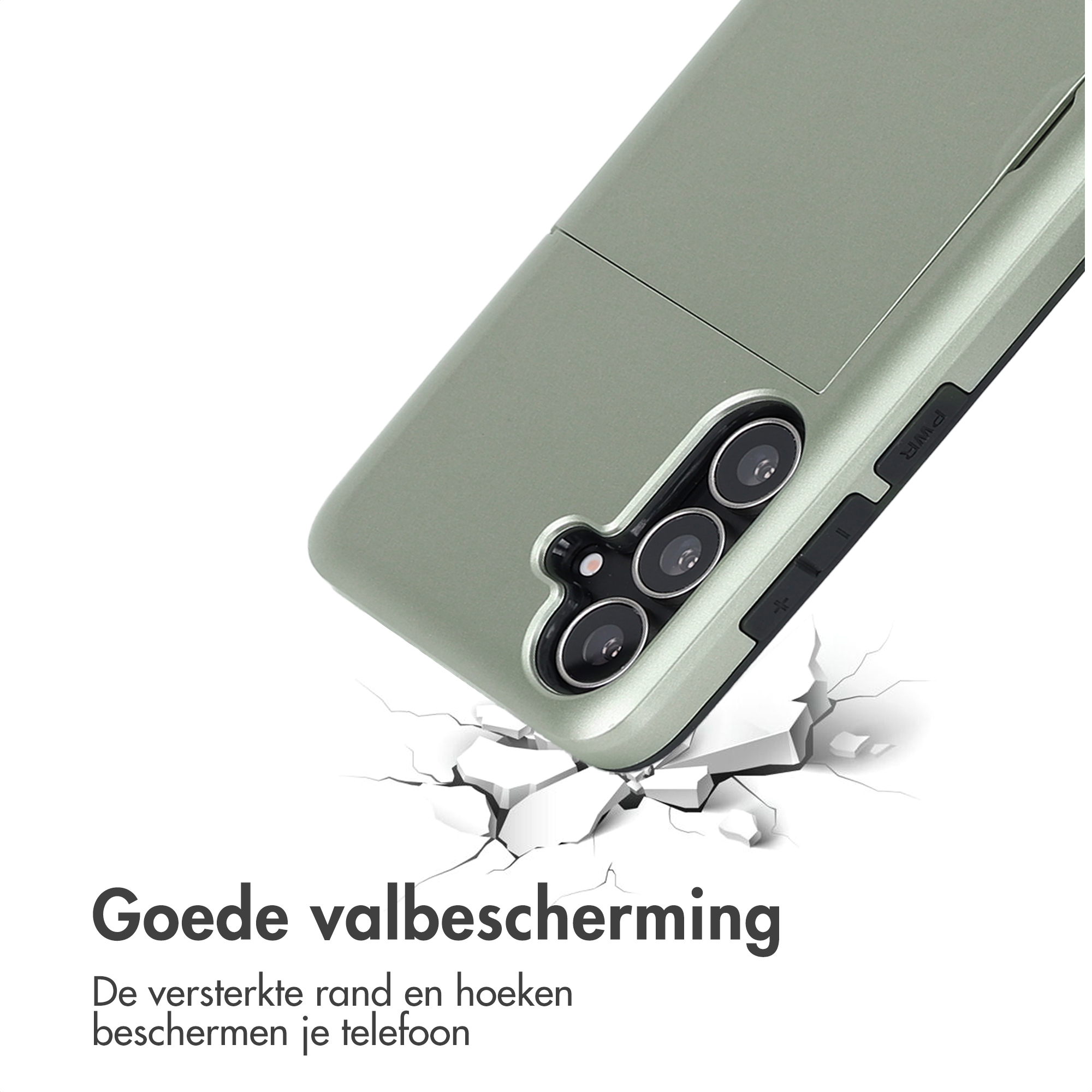 Un étui de téléphone est montré, tombé d'une hauteur, fissurant le sol en dessous. L'étui est vert.
