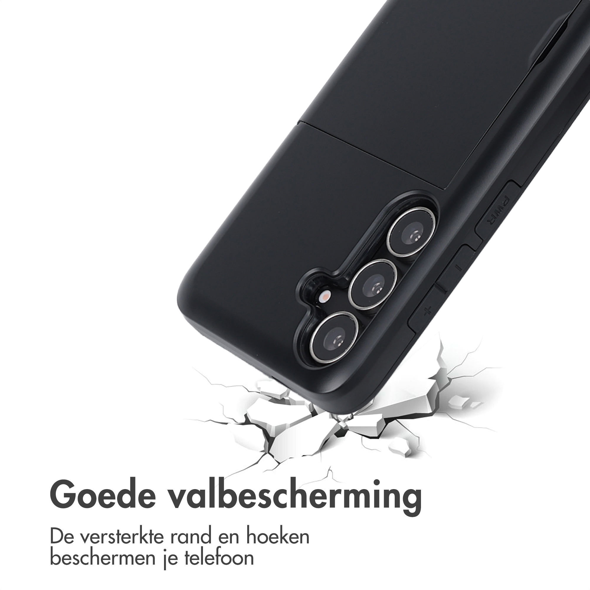 Coque noire, sol fissuré. Texte : Bonne protection contre les chutes. Bords renforcés protègent le téléphone.