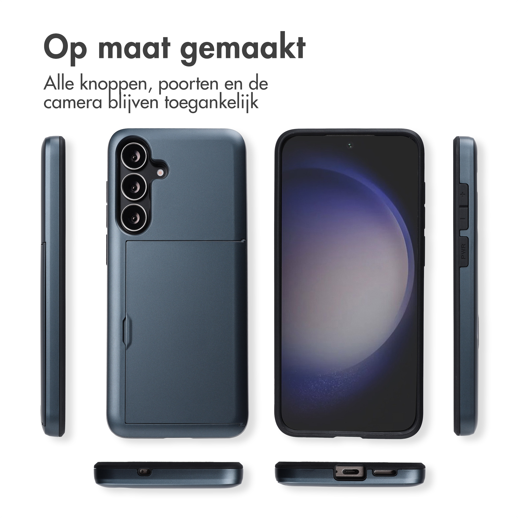 Een telefoonhoesje en telefoon worden vanuit meerdere hoeken getoond. Het is donkerblauw, met uitsparingen voor knoppen en camera.
