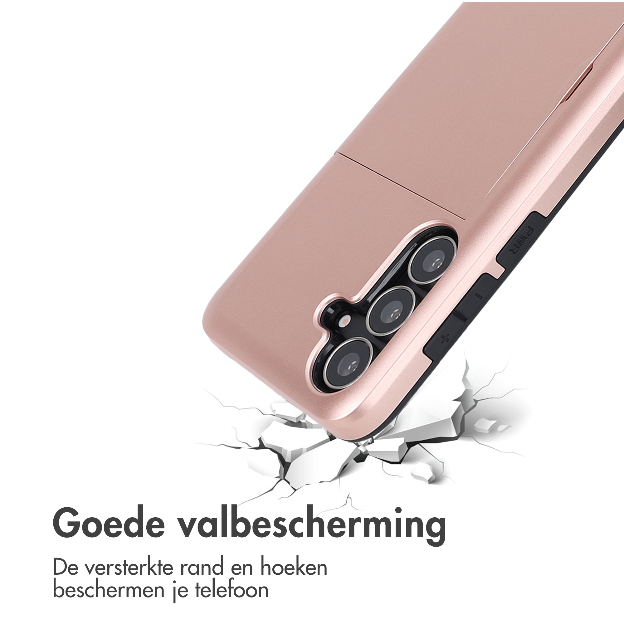 Une coque de téléphone or rose sur fond blanc. La coque est inclinée avec des fissures en dessous. Le texte dit 'Bonne protection contre les chutes'.