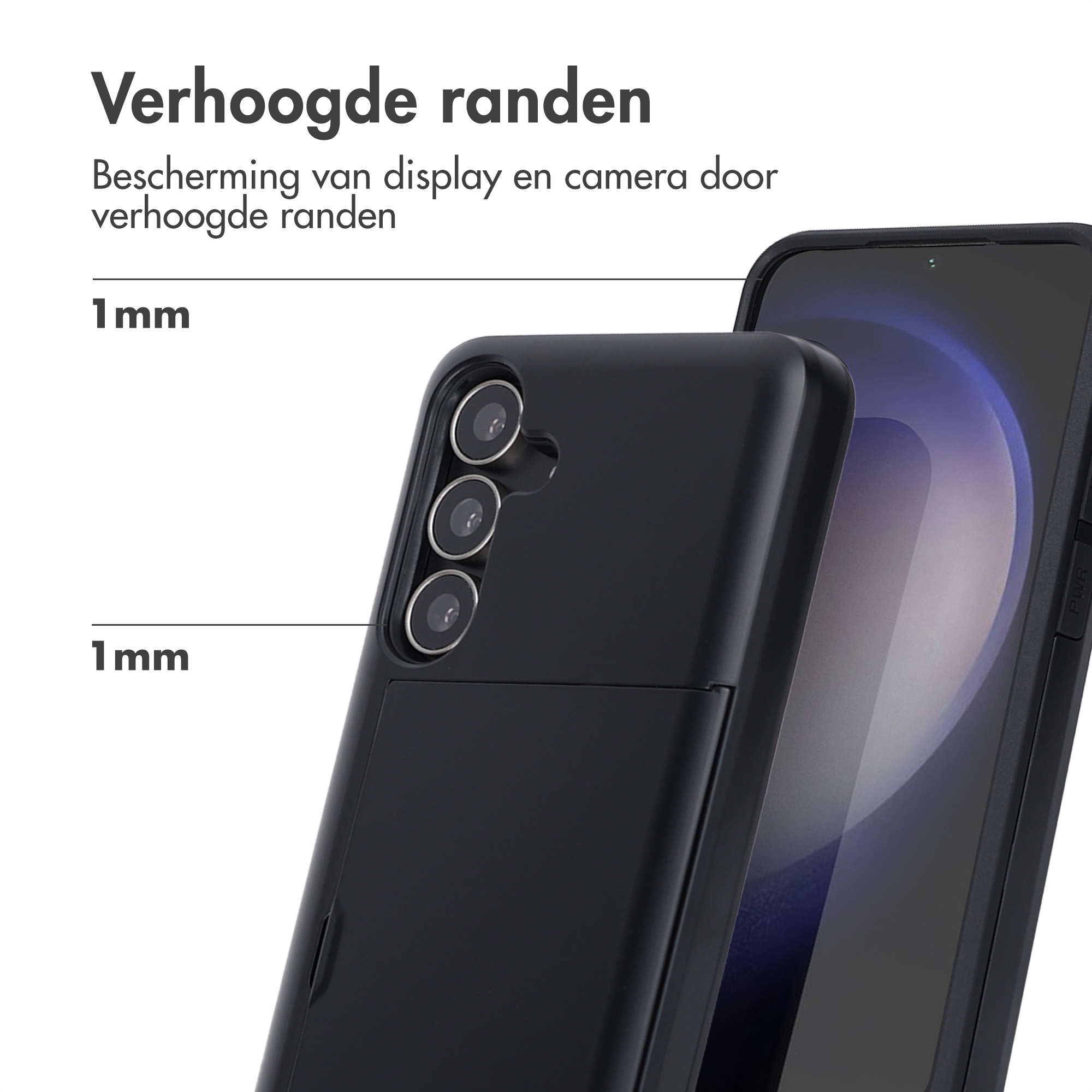 Coque de téléphone noire avec bords surélevés. Le téléphone est à côté de la coque. Texte : « Bords surélevés » et « 1 mm ».