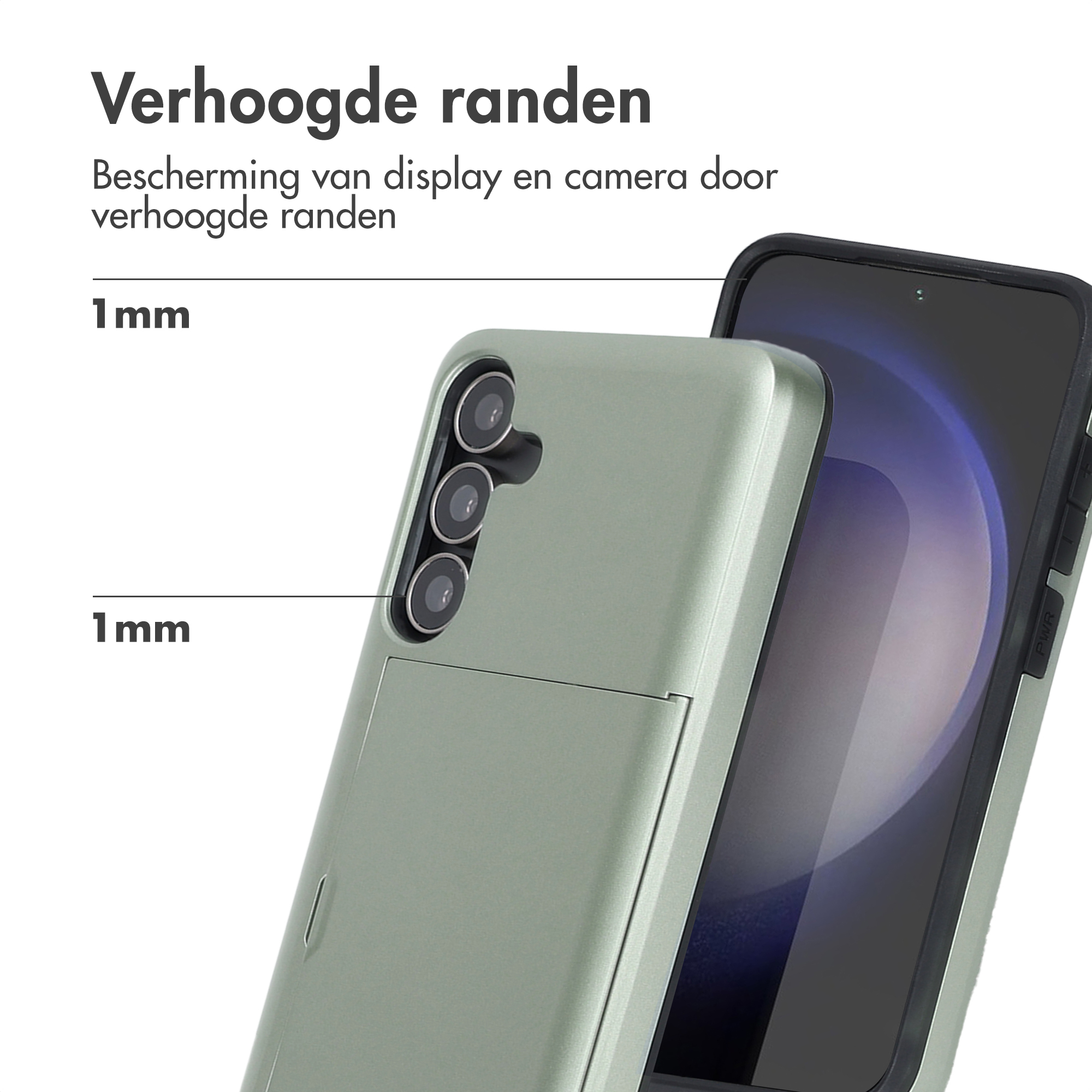 Un téléphone dans un étui vert, mettant en évidence les bords surélevés pour la protection de l'écran et de la caméra, avec 1 mm d'épaisseur.