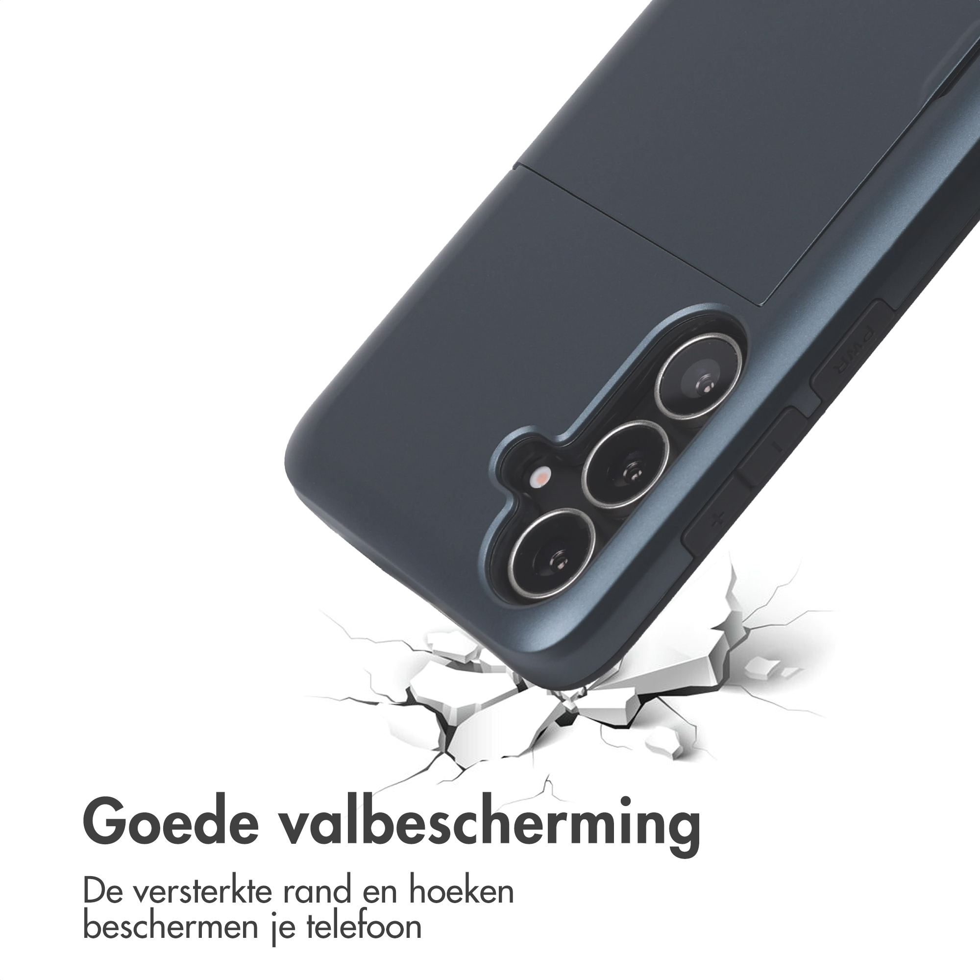 Een donkere telefoonhoes valt en barst de grond eronder. De hoes heeft meerdere cameralenzen en knoppen.