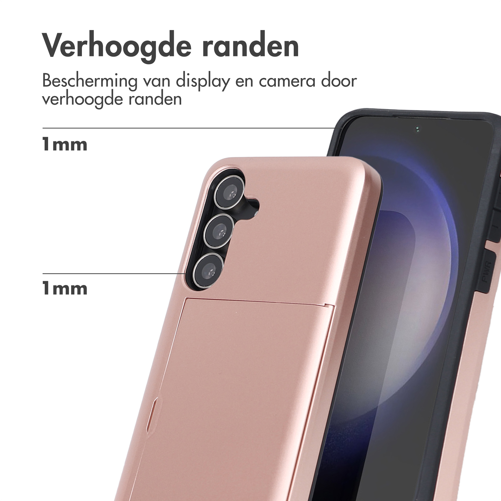 Une coque de téléphone or rose protège un téléphone noir. La coque a des bords surélevés, montrant 1 mm de protection. Texte en néerlandais.