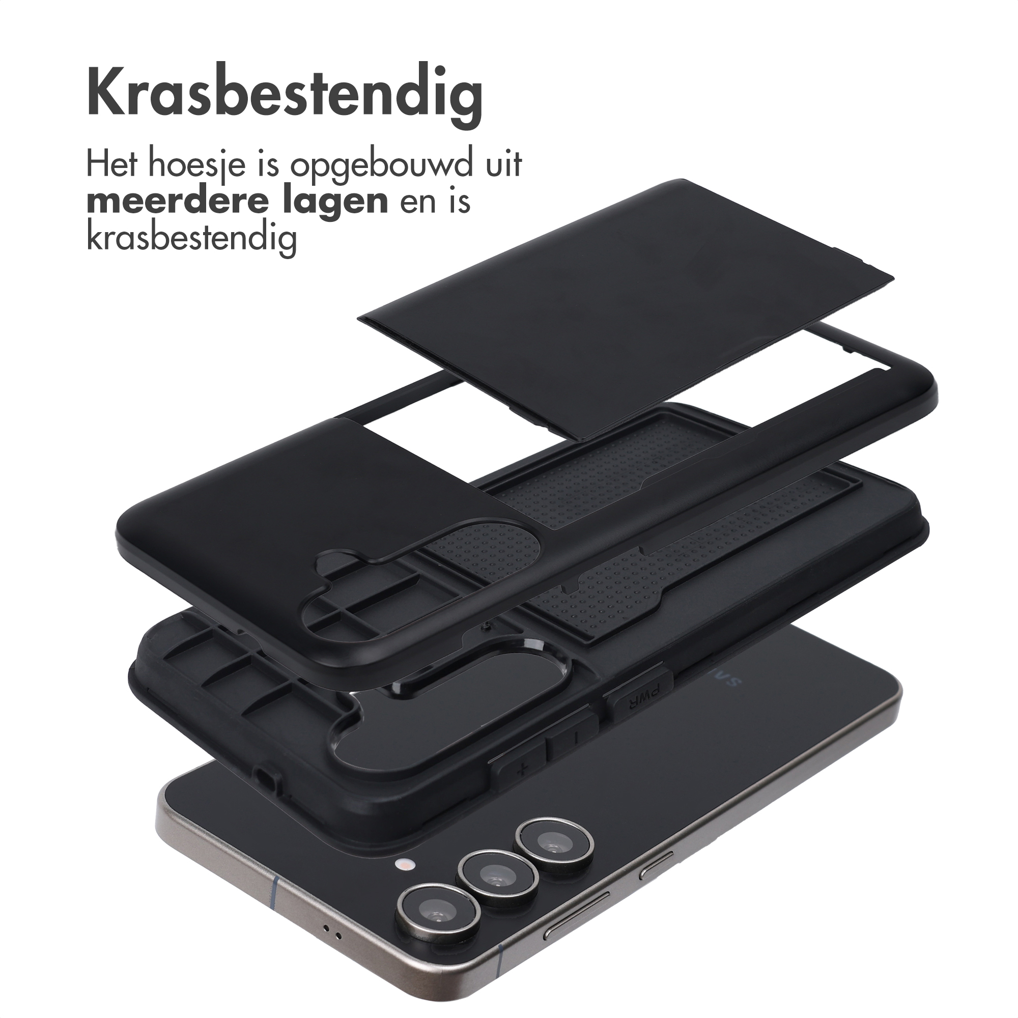 Vue éclatée d'une coque de téléphone noire superposée à un téléphone, montrant plusieurs couches de protection.