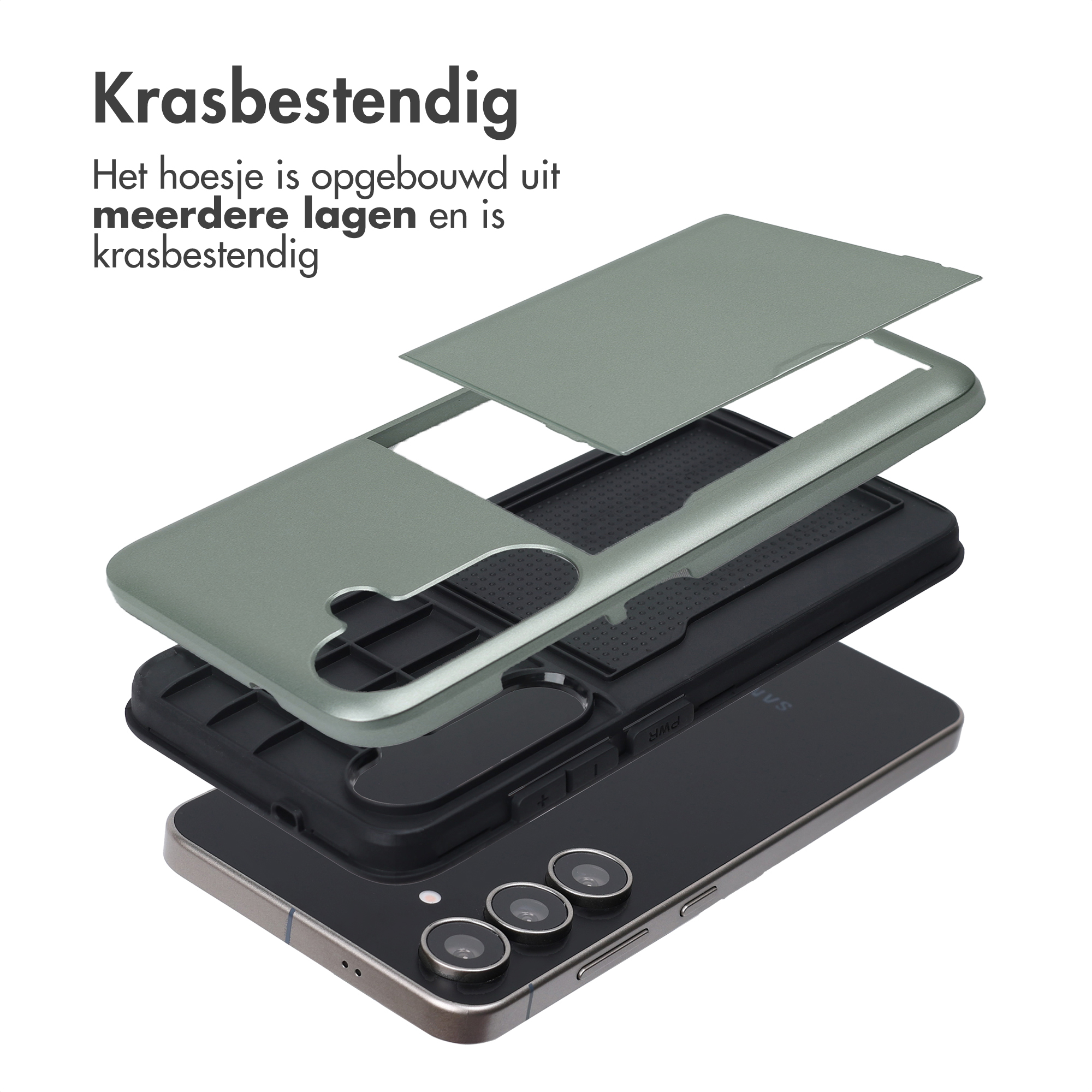 Vue éclatée d'une coque de téléphone. Plusieurs couches sont montrées, dont le téléphone. Résistant aux rayures.